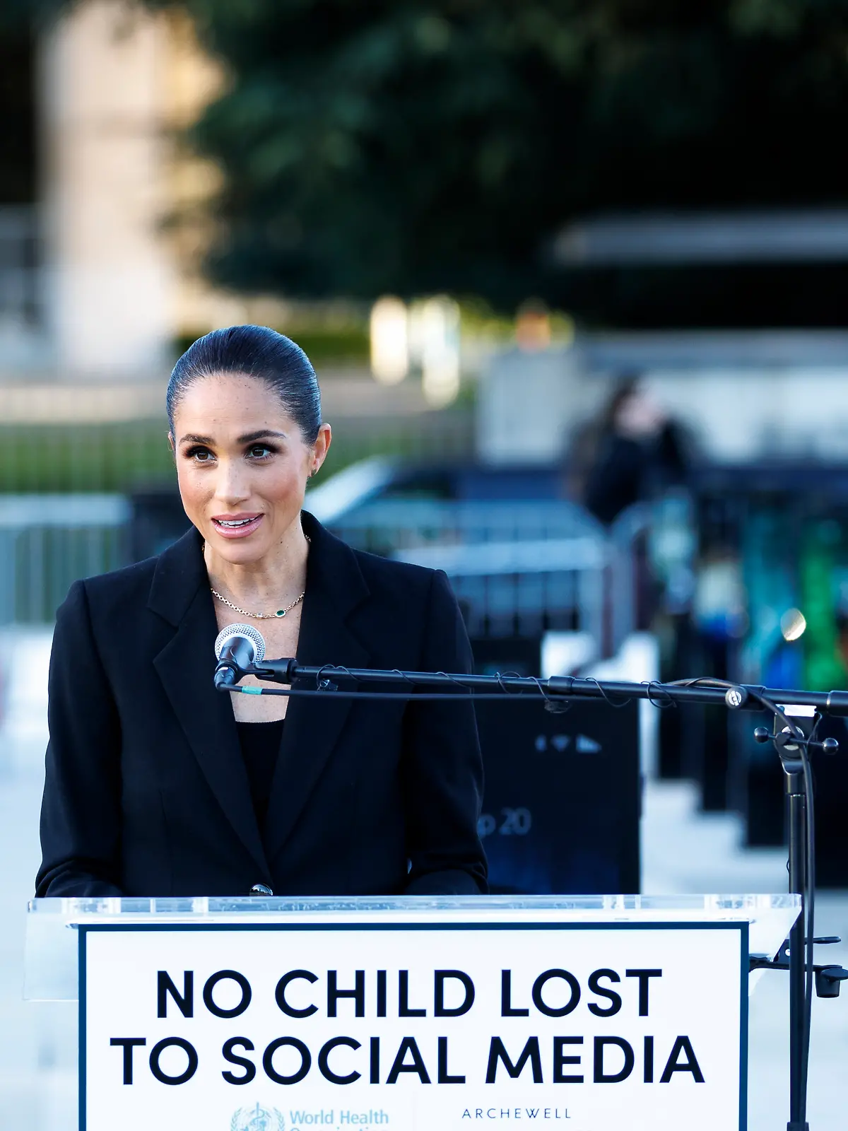 Meghan Markle, the Duchess of Sussex speaks during the inauguration of "The Lost Screen Memorial" exhibition for the unveiling of a temporary memorial to protect children from online abuse presented by Archewell Philanthropies, in partnership with the World Health Organization (WHO) and The Parents' Network on the Place des Nations in front of the European headquarters of the United Nationsin in Geneva, Switzerland, Sunday, May 17, 2026. (KEYSTONE/Cyril Zingaro)