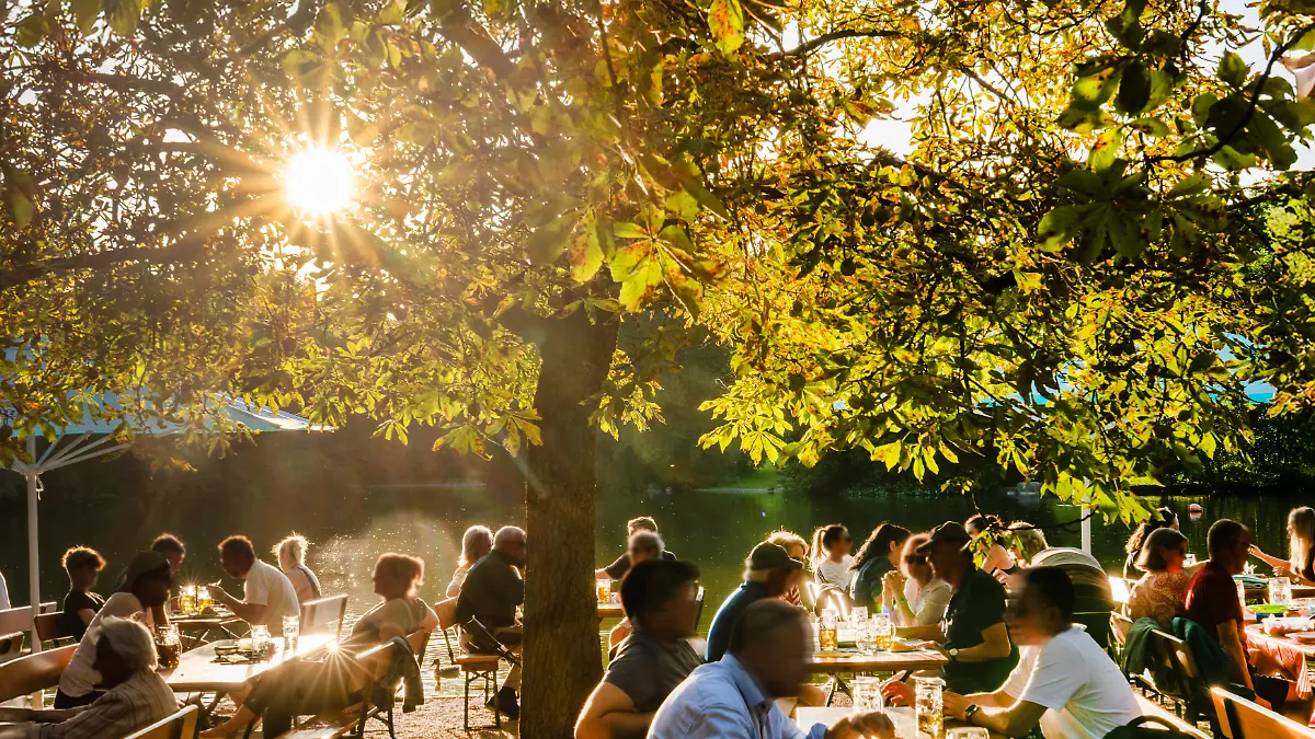 Münchner genießen den Sommerabend im Biergarten, die Abendsonne scheint durch das Blätterdach der Kastanien..