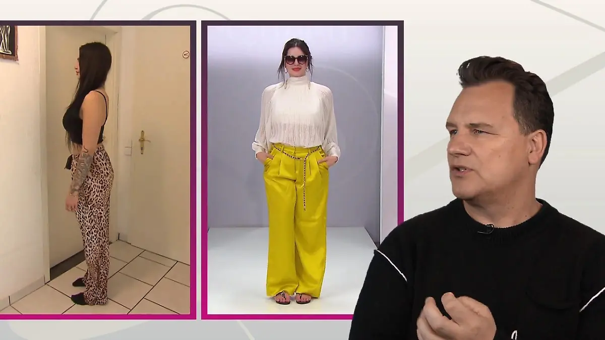 Shopping Queen: Bildmontage: Links Kandidatin Melissa am Morgen und am Nachmittag im Outfit auf dem Catwalk, rechts Guido Maria Kretschmer