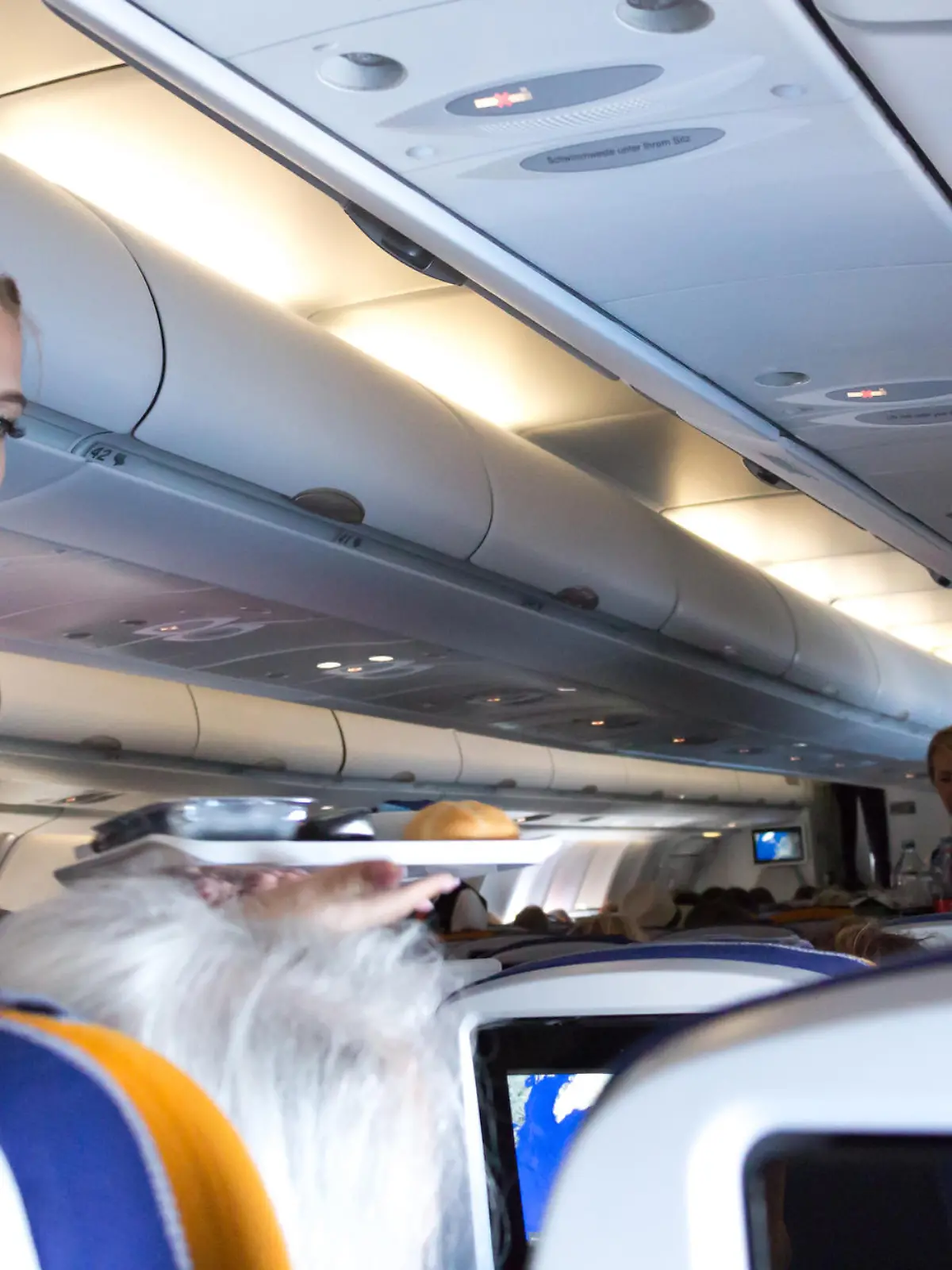 Munich: A female flight attendant is serving the lunch to a passenger sitting in the economy class of the route Munich - Vancouver of Lufthansa Airlines.