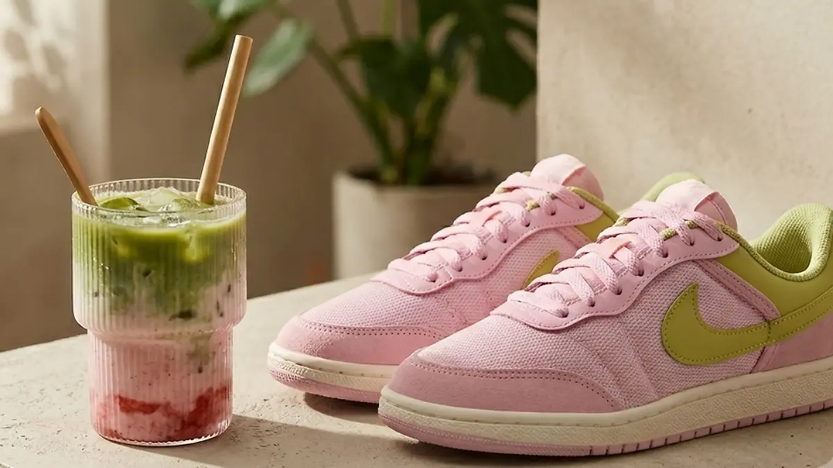 Auf einem Tisch stehen ein Strawberry Matcha und die Air Jordan Skyline Low.