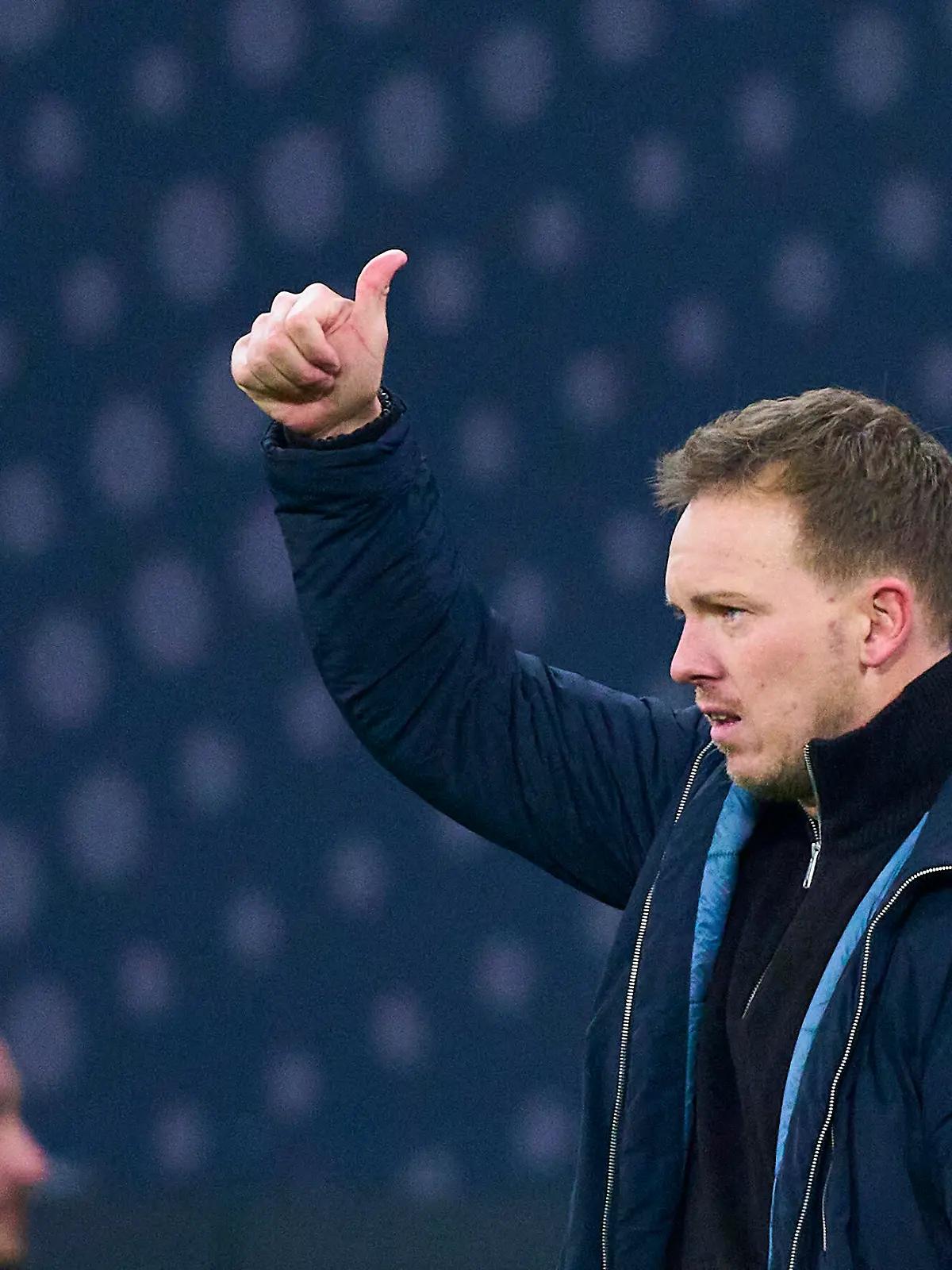 DFB headcoach Julian Nagelsmann , Bundestrainer, Nationaltrainer, celebrates 4-0 goal of Leroy Sane of Germany happy, laugh, celebration in the FIFA World Cup 2026 qualifier match GERMANY - SLOVAKIA 6-0 in Season 2025/2026 at November 17, 2025 in Leipzig, Germany. Photographer: Peter Schatz