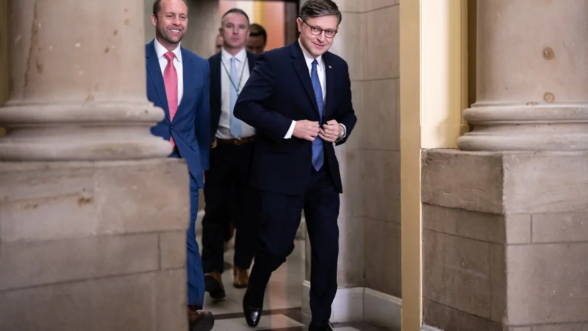 House Speaker Mike Johnson (R-La.) emerges from his office at the U.S. Capitol on May 21, 2026. (Francis Chung/POLITICO via AP Images)