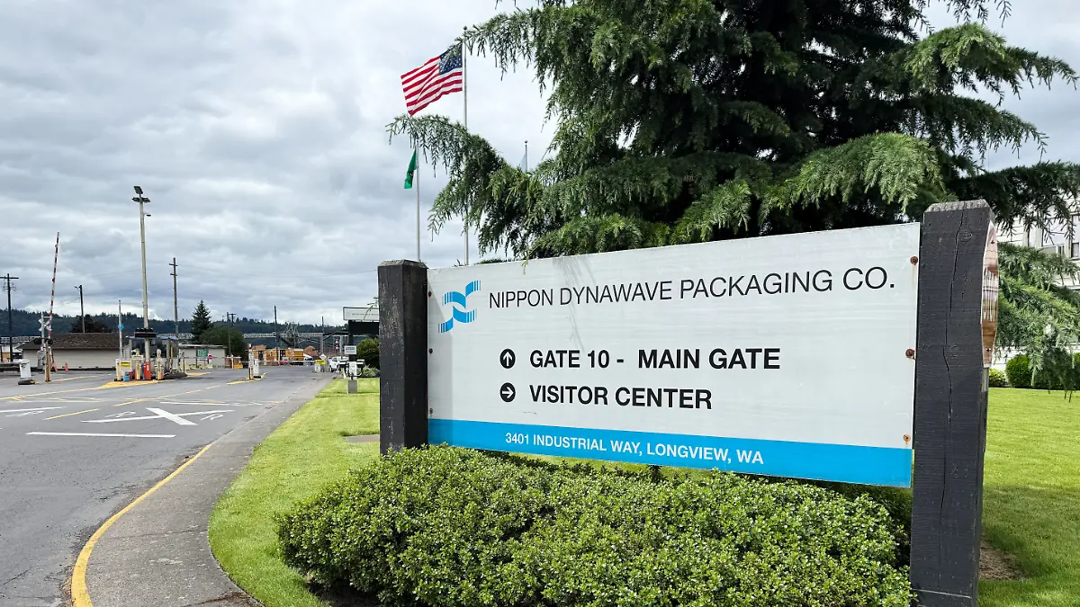 The exterior of the Nippon Dynawave Packaging Co. is shown, after a tank containing hazardous liquid imploded, on Tuesday, May 26, 2026 in Longview, Wash. (AP Photo/Claire Rush)