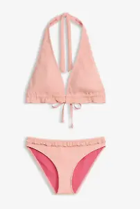 Neckholder-Bikini mit Rüschen (2-tlg.), Rosa und Schwarz
