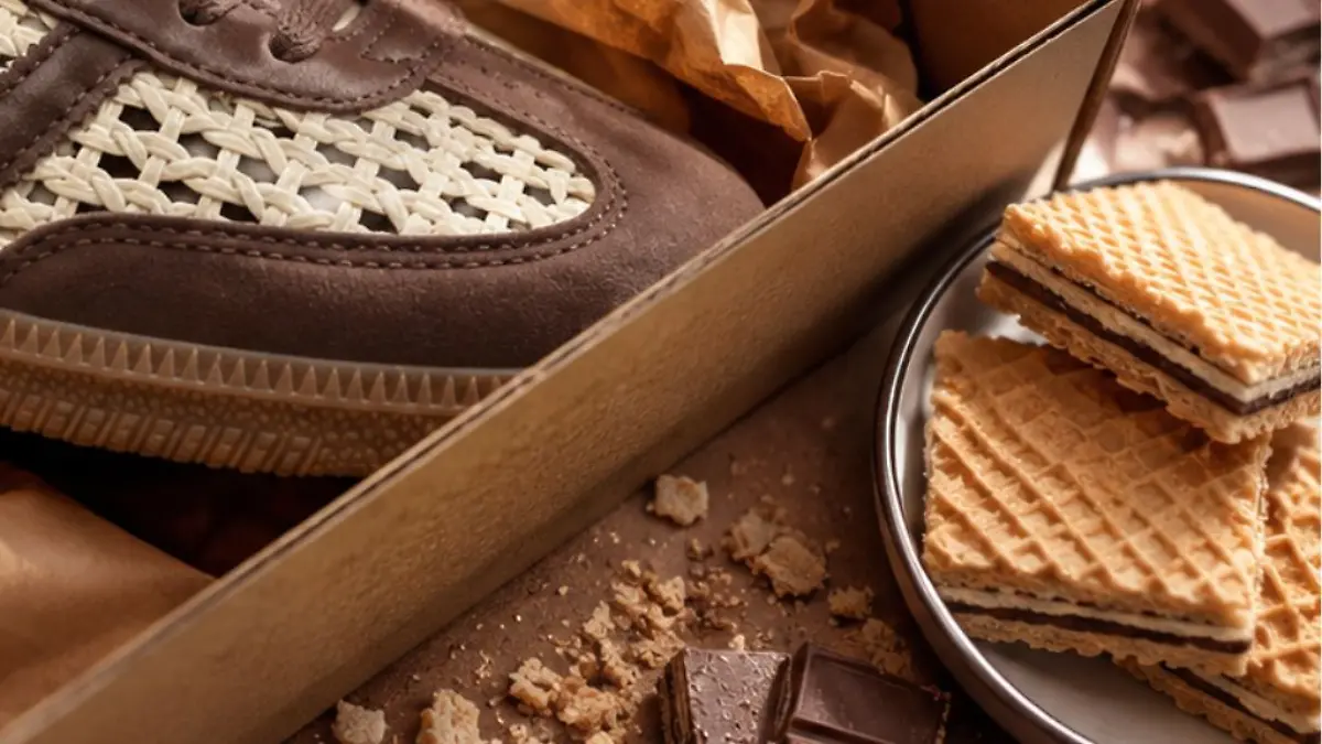 Samba OG Schuh in einem Karton mit Schokowaffeln.