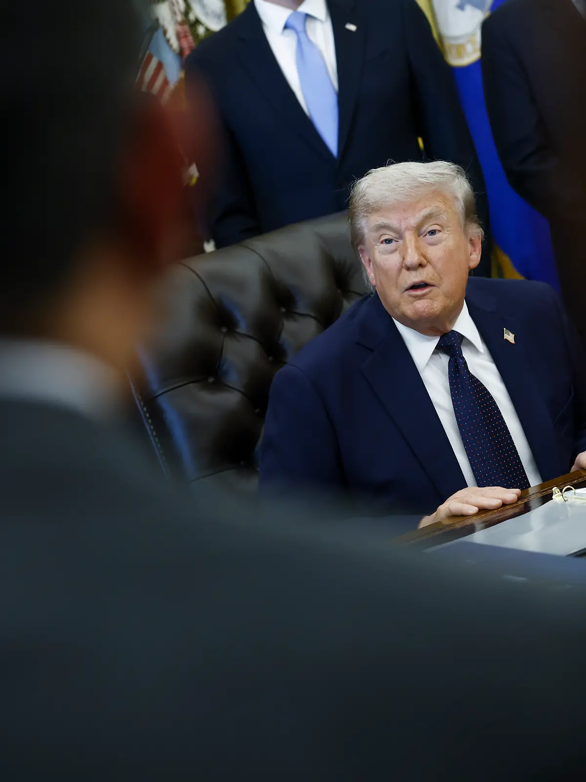 United States President Donald J Trump responds to a question from the news media during a Health Care Affordability event in the Oval Office at the White House. Washington, DC, USA, 23 April 2026.