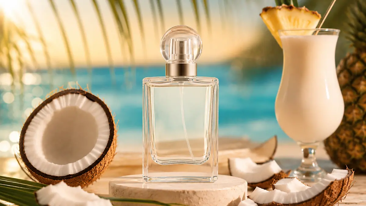 Neutraler Parfumflakon vor tropichem Hintergrund, daneben links eine Kokosnuss und rechts ein Cocktail.
