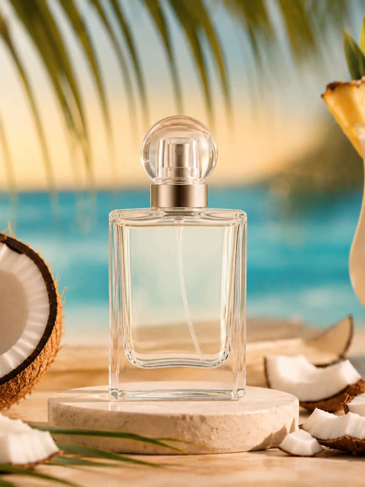Neutraler Parfumflakon vor tropichem Hintergrund, daneben links eine Kokosnuss und rechts ein Cocktail.