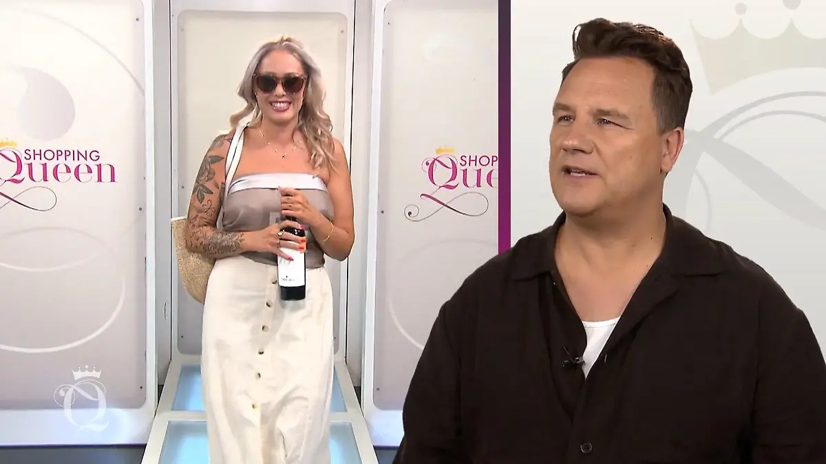 Shopping Queen: Bildmontage: Kandidatin Verena auf dem Catwalk, daneben Guido Maria Kretschmer, der kommentiert