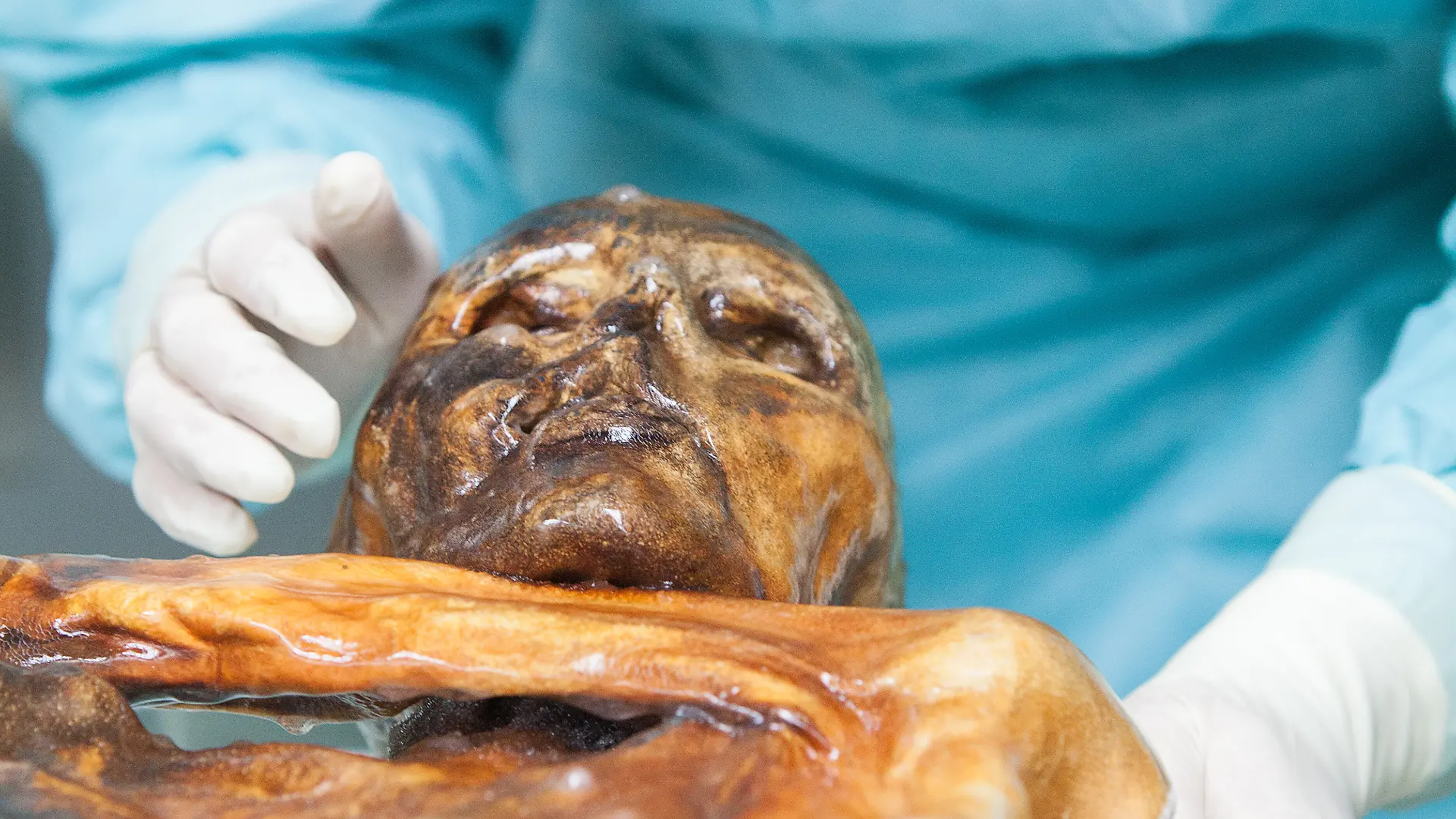 Die Mumie des Ötzi wird in einer speziell entwickelten Kühlzelle bei minus 6 Grad und 99 Prozent Luftfeuchtigkeit gelagert und regelmäßig mit Wasser besprüht, um einem möglichen Feuchtigkeitsverlust entgegenzuwirken (undatierte Aufnahme). (zu dpa "Lebenszeichen im Mikrobiom: Beim Ötzi regt sich noch was") +++ dpa-Bildfunk +++