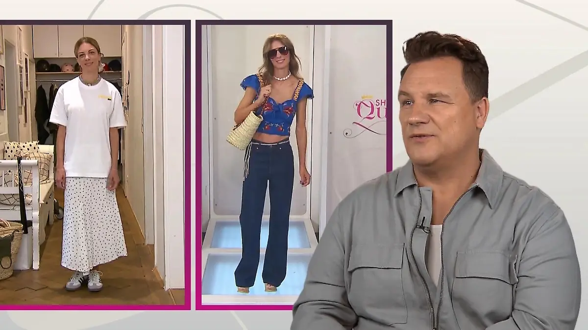 Shopping Queen: Bildmontage: Links Kandidatin Lucia morgens im weißen T-Shirt und langem Rock, rechts in Jeans und kurzem Top nach dem Umstyling, daneben Guido Maria Kretschmer, der das Outfit kommentiert
