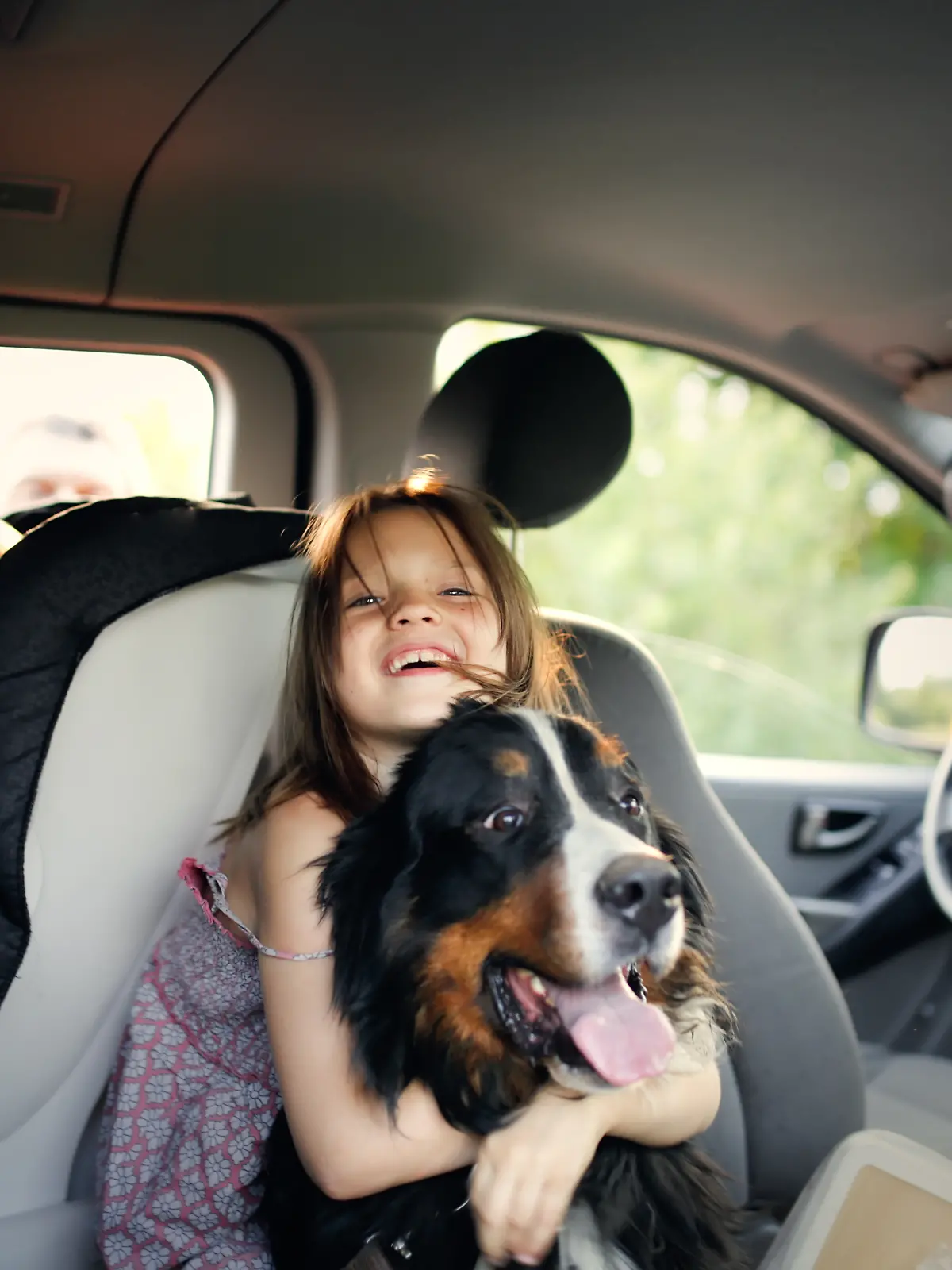 Kind mit Hund im Auto