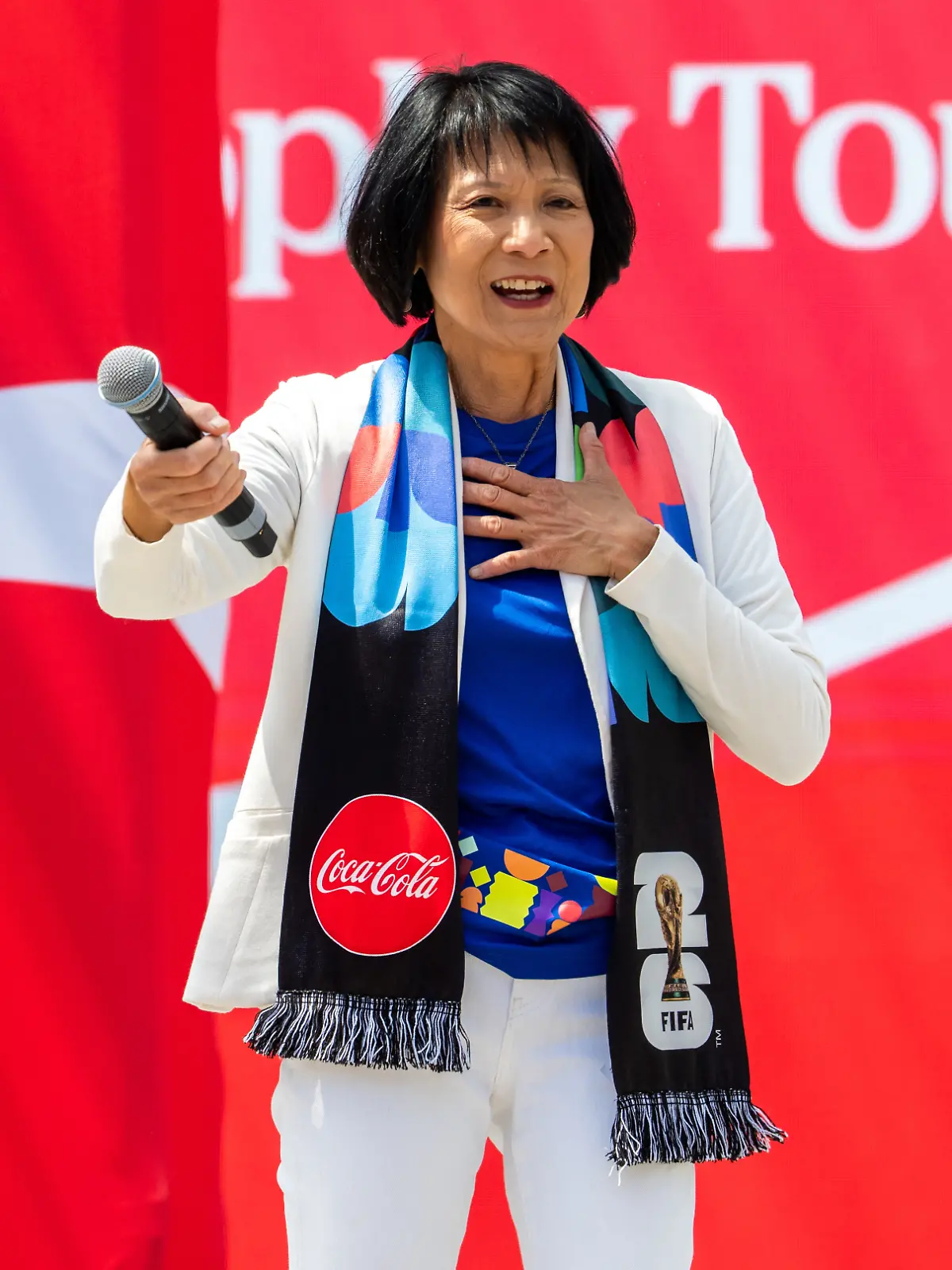 May 25, 2026; Toronto, ON, CAN; Toronto Mayor Olivia Chow reacts during the FIFA World Cup Trophy Tour by Coca-Cola at Nathan Phillips Square. Mandatory Credit: Kevin Sousa-Imagn Images