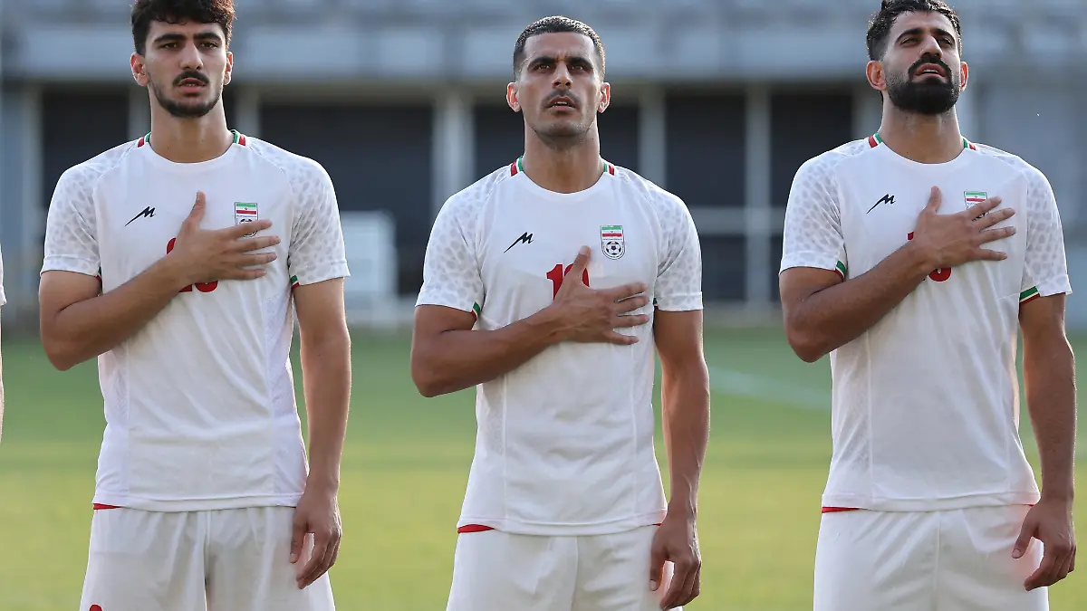 Soccer Football - International Friendly - Iran v Gambia - Mardan Sports Complex, Antalya, Turkey - May 29, 2026  Iran's Amir Razzaghinia, Ali Nemati and Hossein Kanani line up during the national anthems before the match REUTERS/Umit Bektas