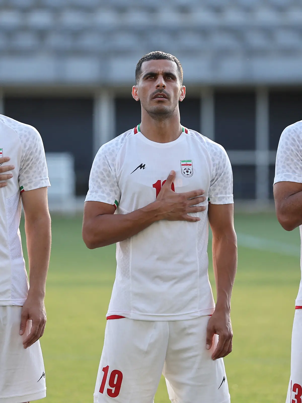 Soccer Football - International Friendly - Iran v Gambia - Mardan Sports Complex, Antalya, Turkey - May 29, 2026 Iran's Amir Razzaghinia, Ali Nemati and Hossein Kanani line up during the national anthems before the match REUTERS/Umit Bektas