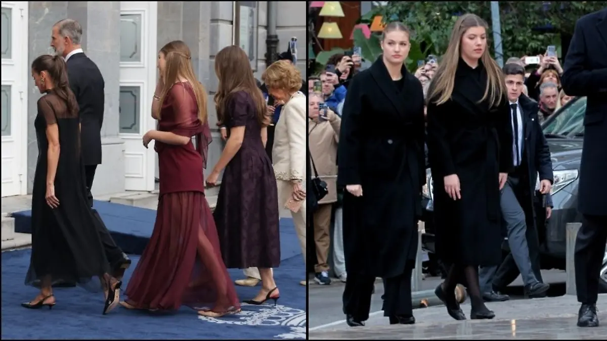 Links die königliche Familie bei der Verleihung der Prinzessin-von-Asturien-Preise, rechts bei der Beerdigung von Irene von Griechenland.