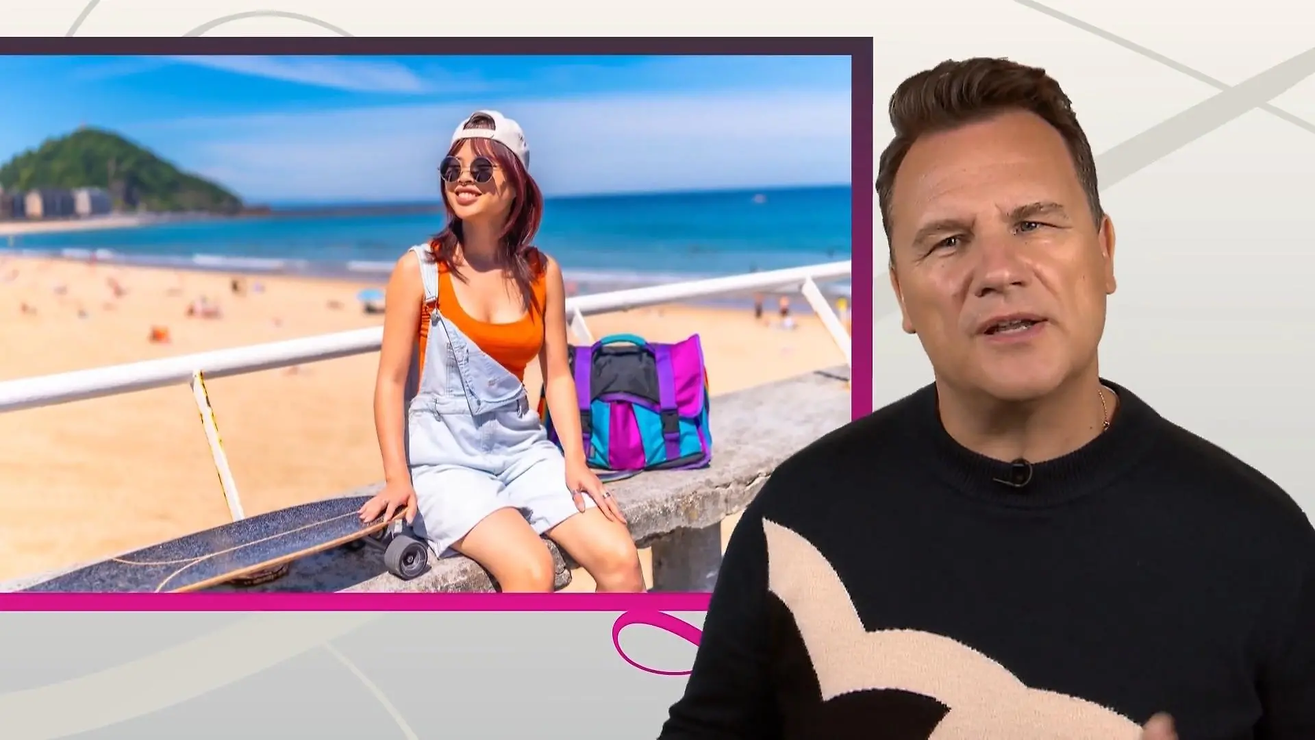 Shopping Queen: Bildmontage: Links Strandfoto mit einer jungen Frau in kurzer Latzhose, Sonnenbrille und engem Oberteil, rechts Guido Maria Kretschmer