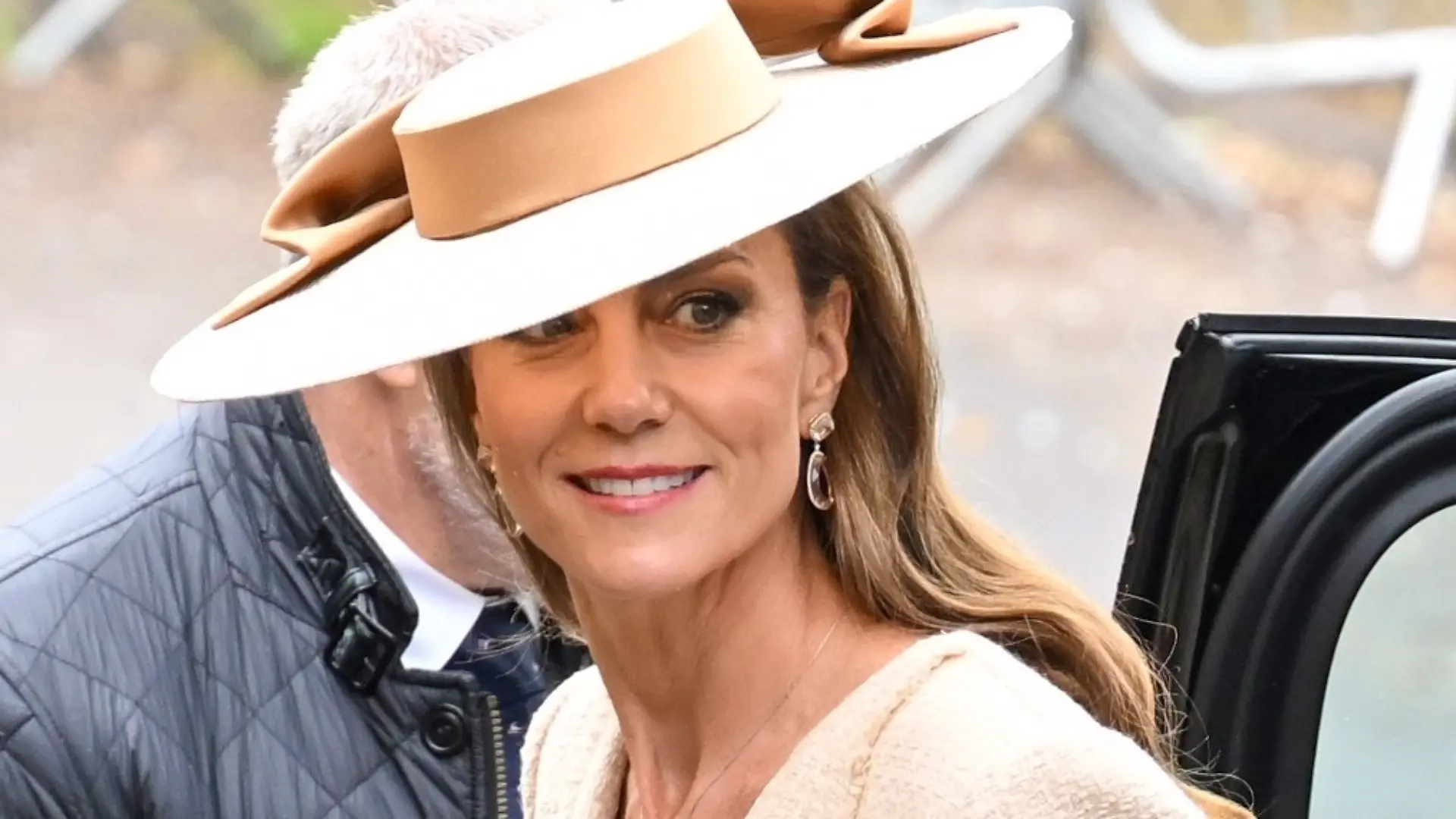 William, Prince of Wales and Catherine, Princess of Wales, arrive for the Royal wedding of Peter Phillips and Harriet Sperling at All Saints' Church