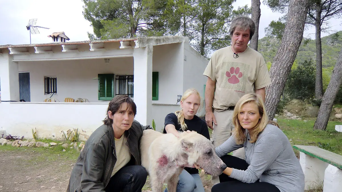 Ein verwahrloster Kettenhund wird durch die Mallorquiner Polizei beschlagnahmt. V. l.: Maxi Lange, Veronika Rheinberger, Karl Miesel und Petra Steinerund.
