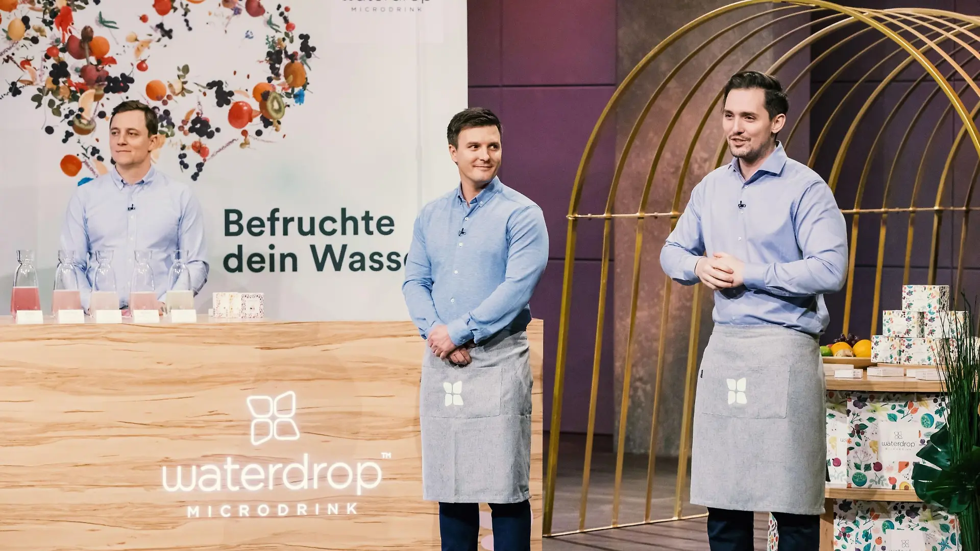 V.l.: Christoph Hermann, Martin Donald Murray und Thomas Henry Wieser aus Wien präsentieren mit "Waterdrop" Flavdrops für Trinkwasser. Sie erhoffen sich ein Investment von 1 Million Euro für 10 Prozent der Anteile an ihrem Unternehmen.