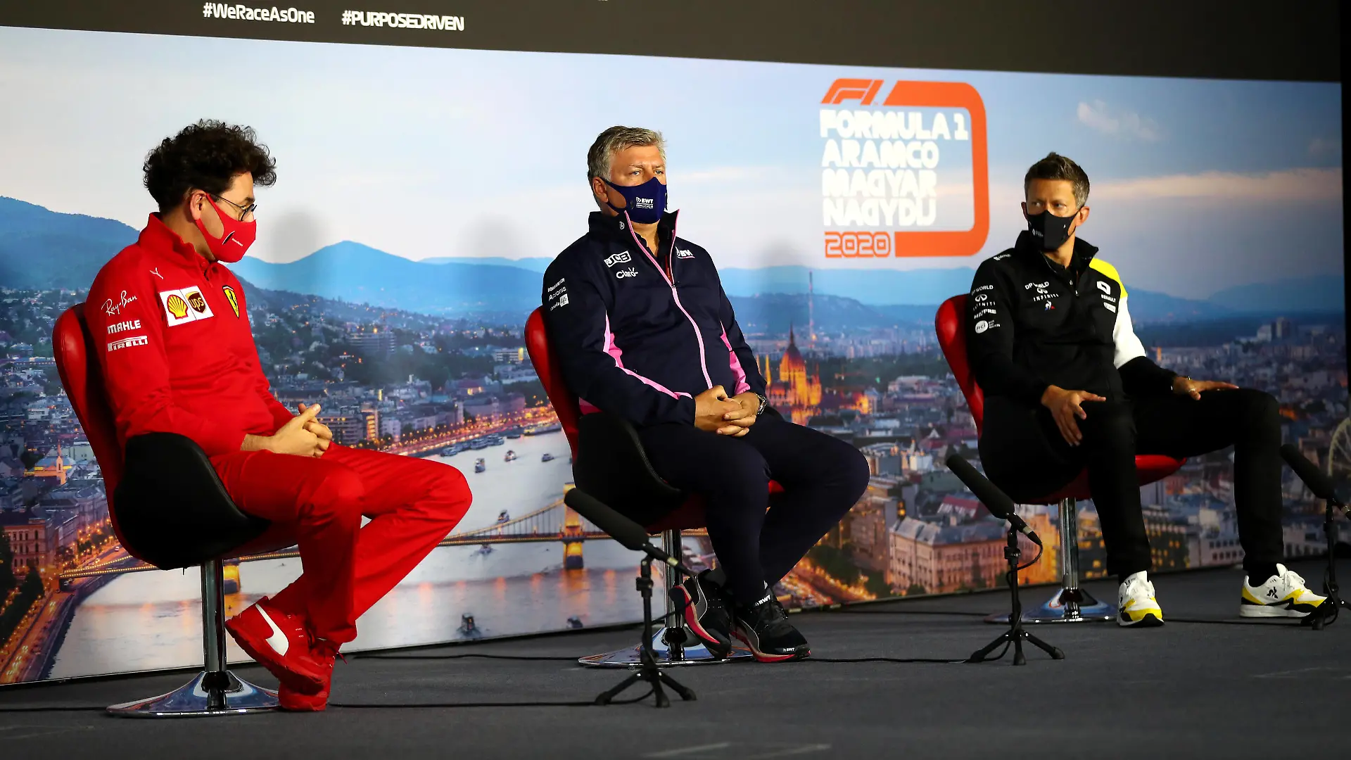  Motorsports: FIA Formula One World Championship, WM, Weltmeisterschaft 2020, Grand Prix of Hungary Motorsports: FIA Formula One World Championship 2020, Grand Prix of Hungary, Mattia Binotto ITA, Scuderia Ferrari Mission Winnow, Otmar Szafnauer ROU, BWT Racing Point F1 Team, Marcin Budkowski POL, Renault DP World F1 Team, *** Local Caption *** Photo: Dan Istitene/Formula 1/Getty Images/FIA Pool via HOCH ZWEI Budapest Hungaroring Hungary Poolfoto HOCH ZWEI/Pool/Formula 1 via Get ,EDITORIAL USE ONLY