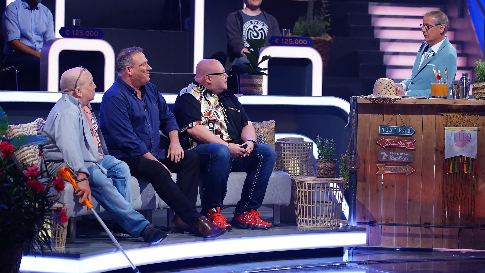 "Wer wird Millionär?"-Kandidaten Marcus Petzel, Rainer Bardtke und Thorsten Heft mit Moderator Günther Jauch