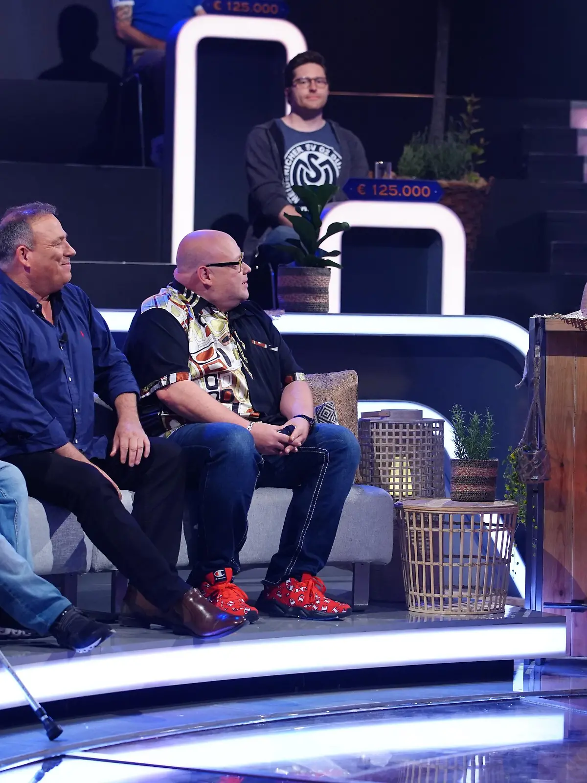 "Wer wird Millionär?"-Kandidaten Marcus Petzel, Rainer Bardtke und Thorsten Heft mit Moderator Günther Jauch
