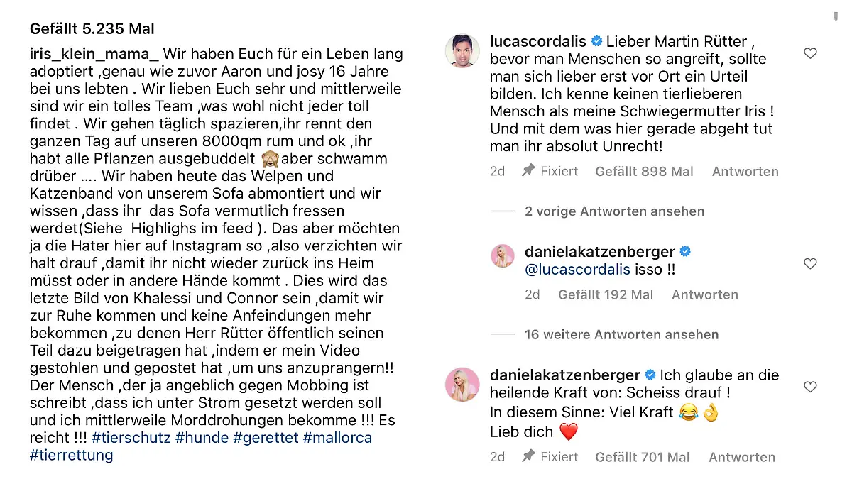 In einem emotionalen Instagram-Post erklärt Iris Klein ihre Sicht der Dinge und erhält Unterstützung von ihrer Familie