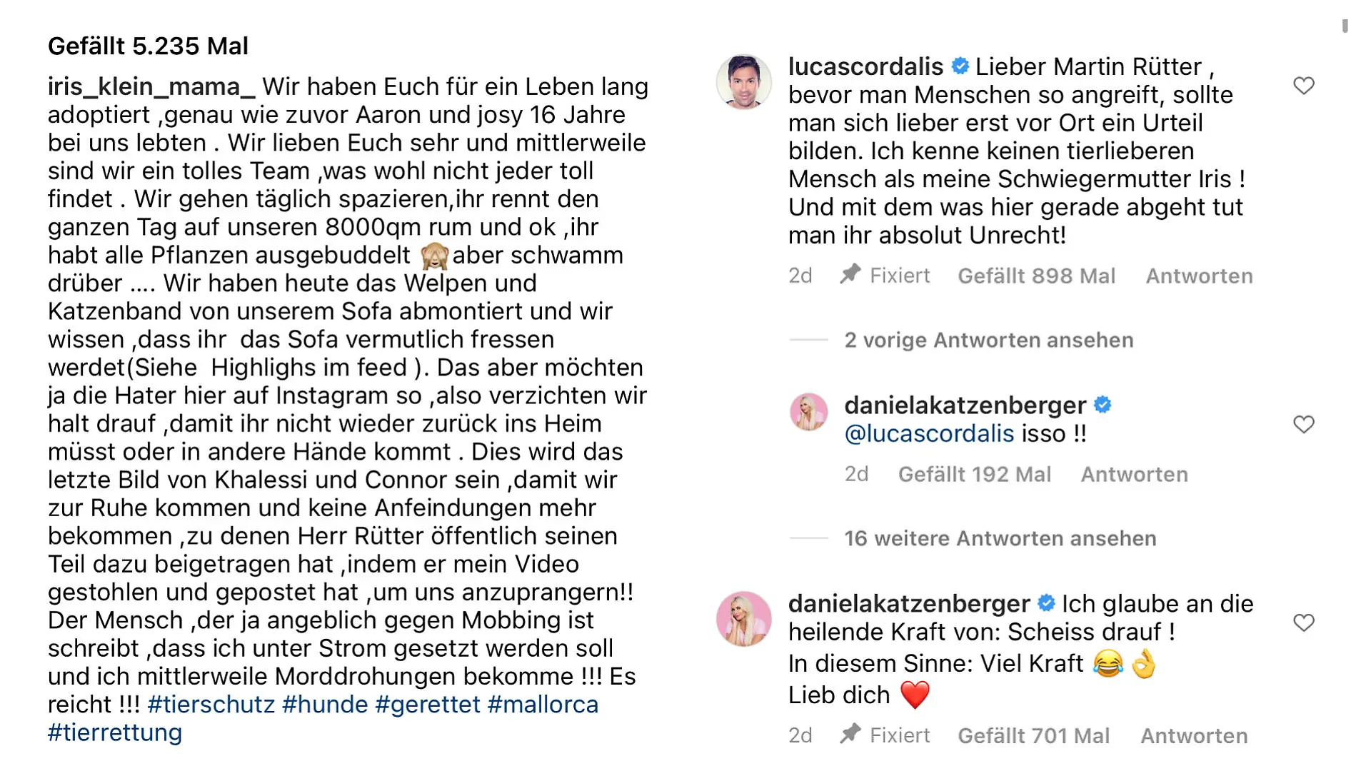 In einem emotionalen Instagram-Post erklärt Iris Klein ihre Sicht der Dinge und erhält Unterstützung von ihrer Familie