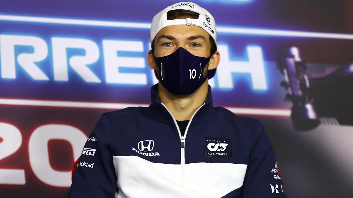 SPIELBERG, AUSTRIA - JULY 01: Pierre Gasly of France and Scuderia AlphaTauri talks in the Drivers Press Conference during previews ahead of the F1 Grand Prix of Austria at Red Bull Ring on July 01, 2021 in Spielberg, Austria. (Photo by Bryn Lennon/Getty Images)