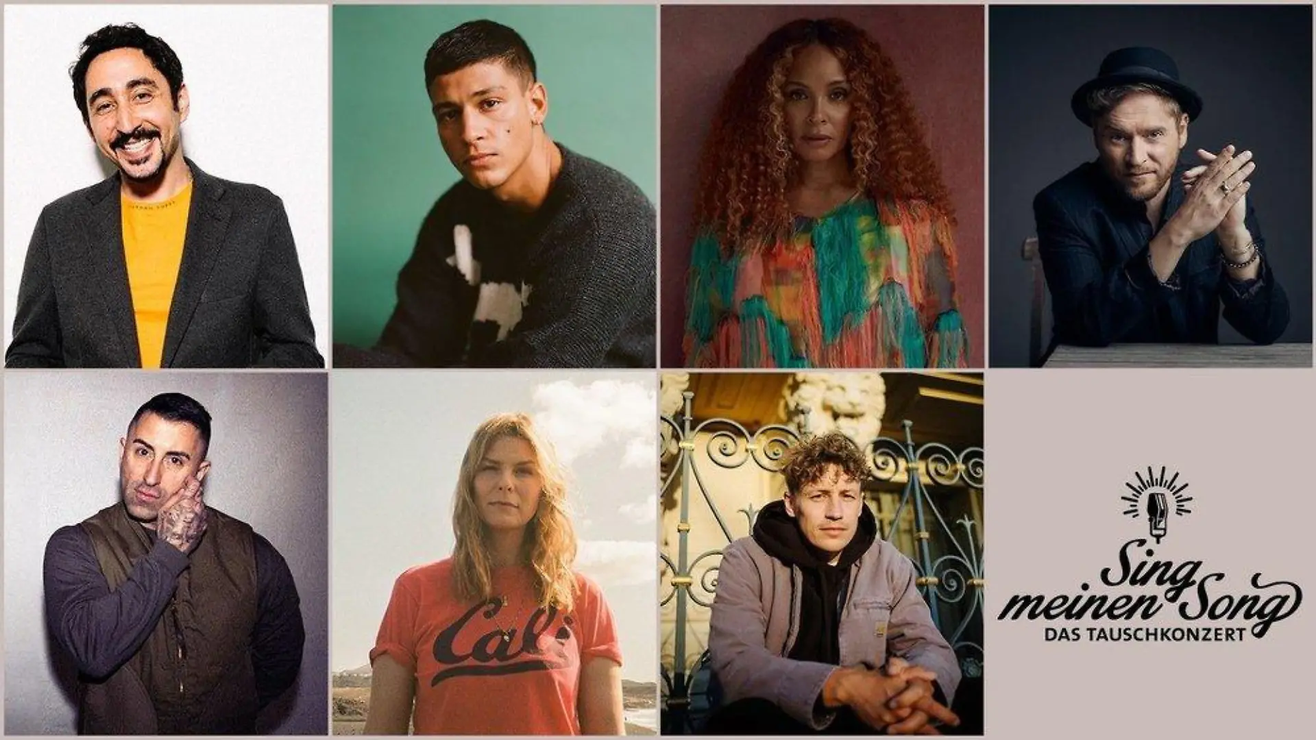 \Sing meinen Song\ (v.o.l.): Rapper Eko Fresh, Pop-Sänger Emilio, Soul-Sängerin Joy Denalane, Broilers-Frontmann Sammy Amara, Juli-Frontfrau Eva Briegel und Singer-Songwriter Tim Bendzko.