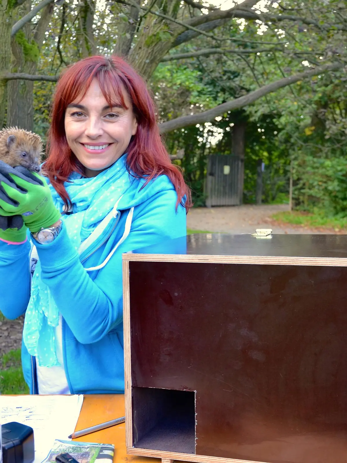 TG2 - Igelgarten VOX DOCMA TV Ein neugieriger Artgenosse besucht hundkatzemaus-Reporterin Diana Eichhorn beim Bau eines Igelhauses.JPG