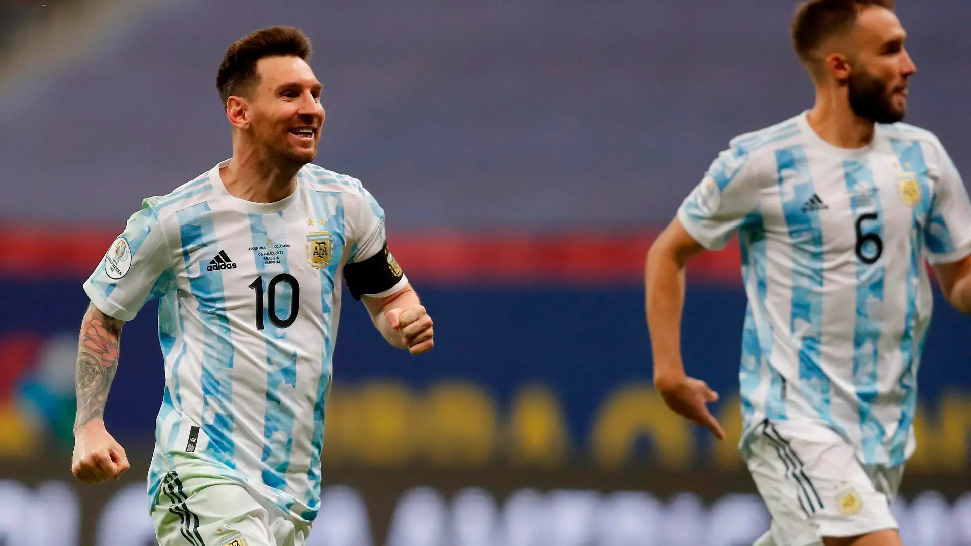 Argentina s Lionel Messi celebrates with his teammates after defeating Colombia in the penalty shootout, during a match for the semifinals of the Copa America at the Mane Garrincha stadium in Brasilia, Brazil, 06 July 2021. Argentina - Colombia ACHTUNG: NUR REDAKTIONELLE NUTZUNG PUBLICATIONxINxGERxSUIxAUTxONLY Copyright: xFernandoxBizerrax AMDEP6471 20210707-444ae5586fc4b96ea402cac2d48e07137c4bce24