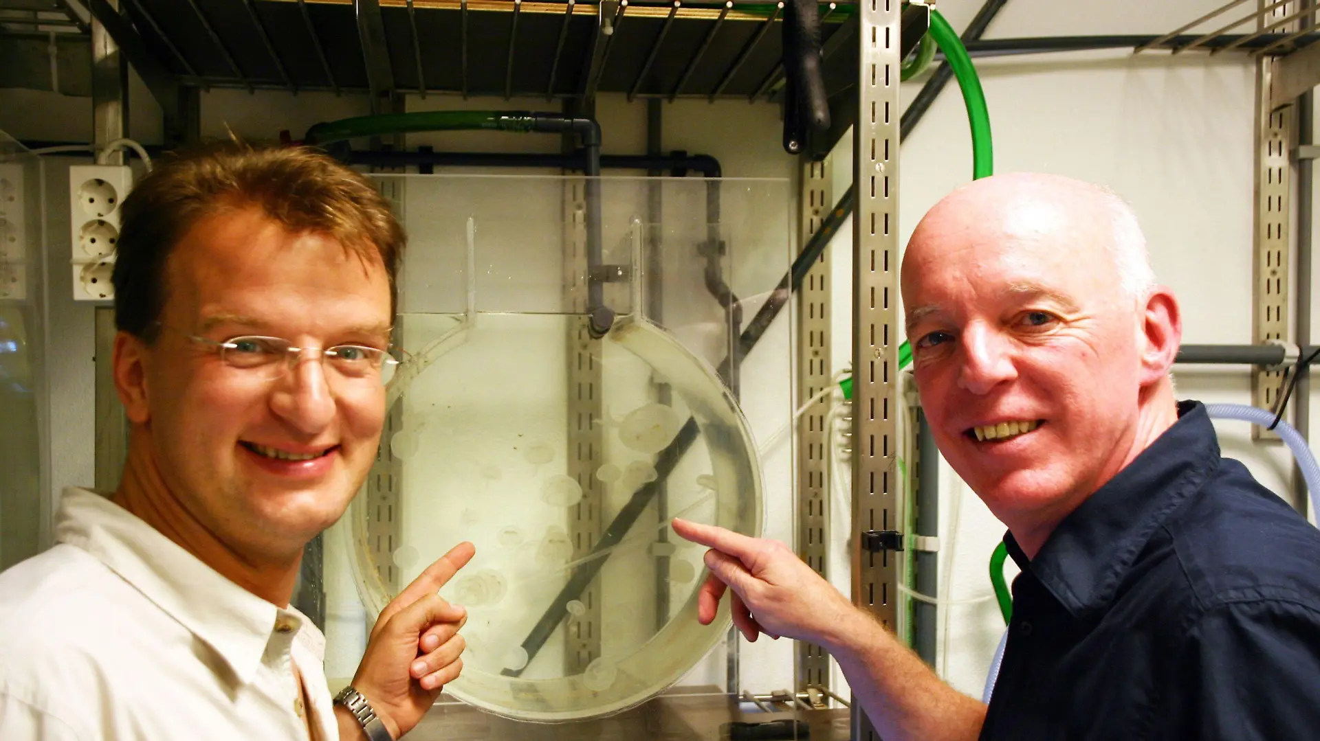 Matthias Reinschmidt (l.) und Piet Sondervan mit kleinen Ohrenquallen