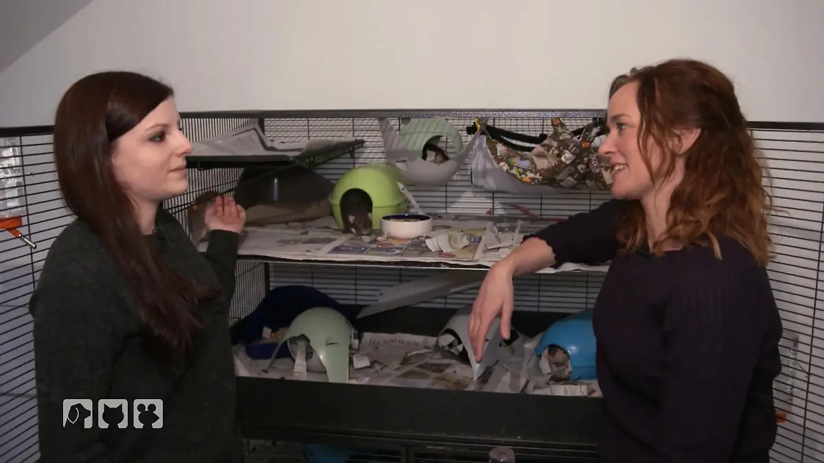 hundkatzemaus-Moderatorin Kate Kitchenham (r) mit Vivian Baumert (l) in ihrer Pflegestelle der Rattenhilfe Nordwest