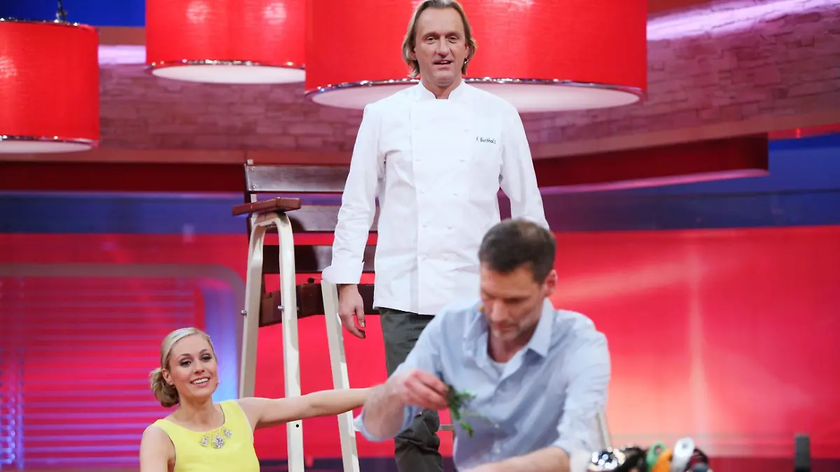 V.l.: Moderatorin Ruth Moschner, Koch-Coach Frank Buchholz, Clemens Löhr