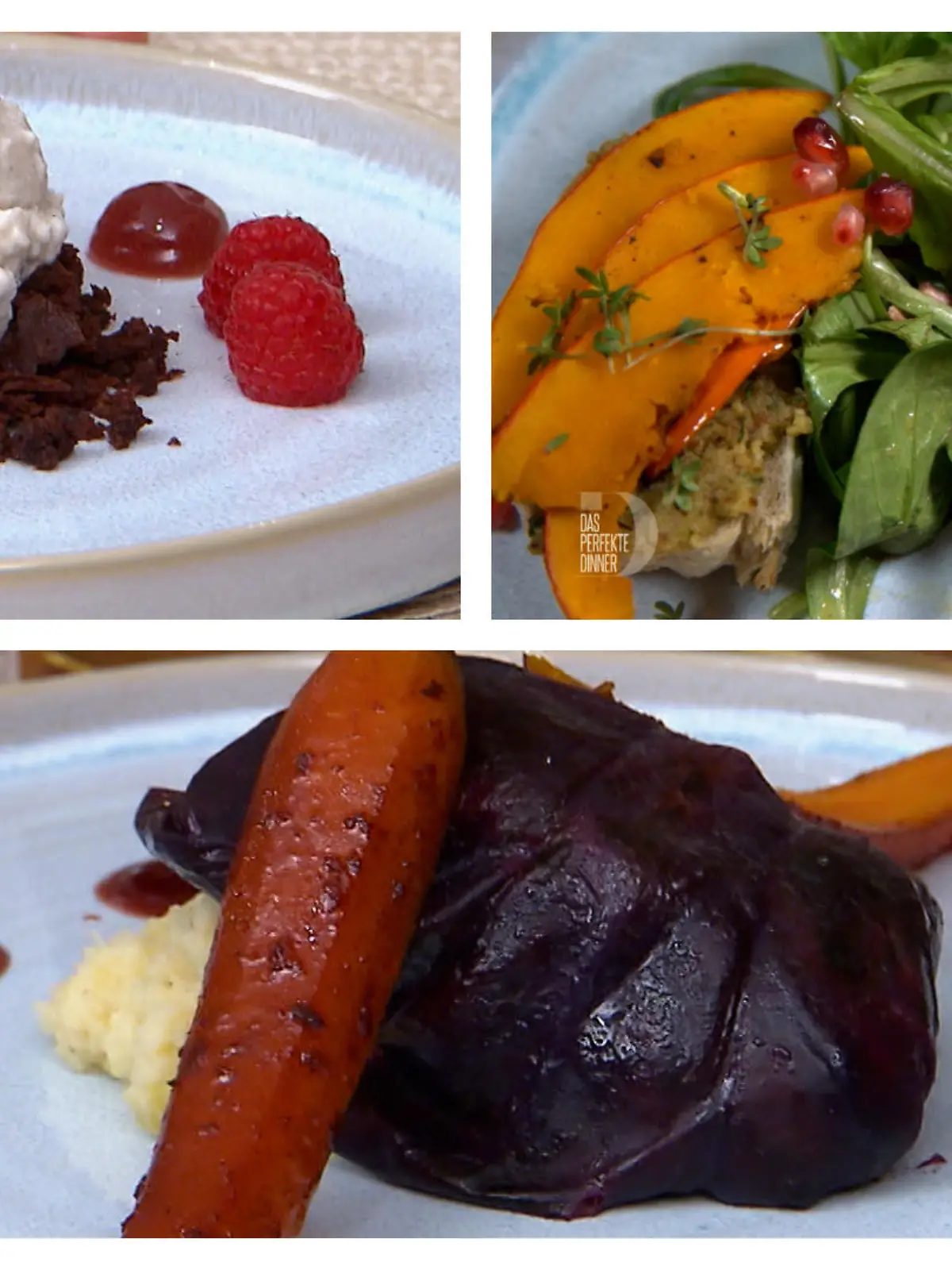 Die veganen Gerichte von Reva: Herbstliche Bruschetta (oben rechts), Kohlrouladen (unten) und Tonkabohneneis mit Brownie-Crumble und Beeren-Gel (oben links)