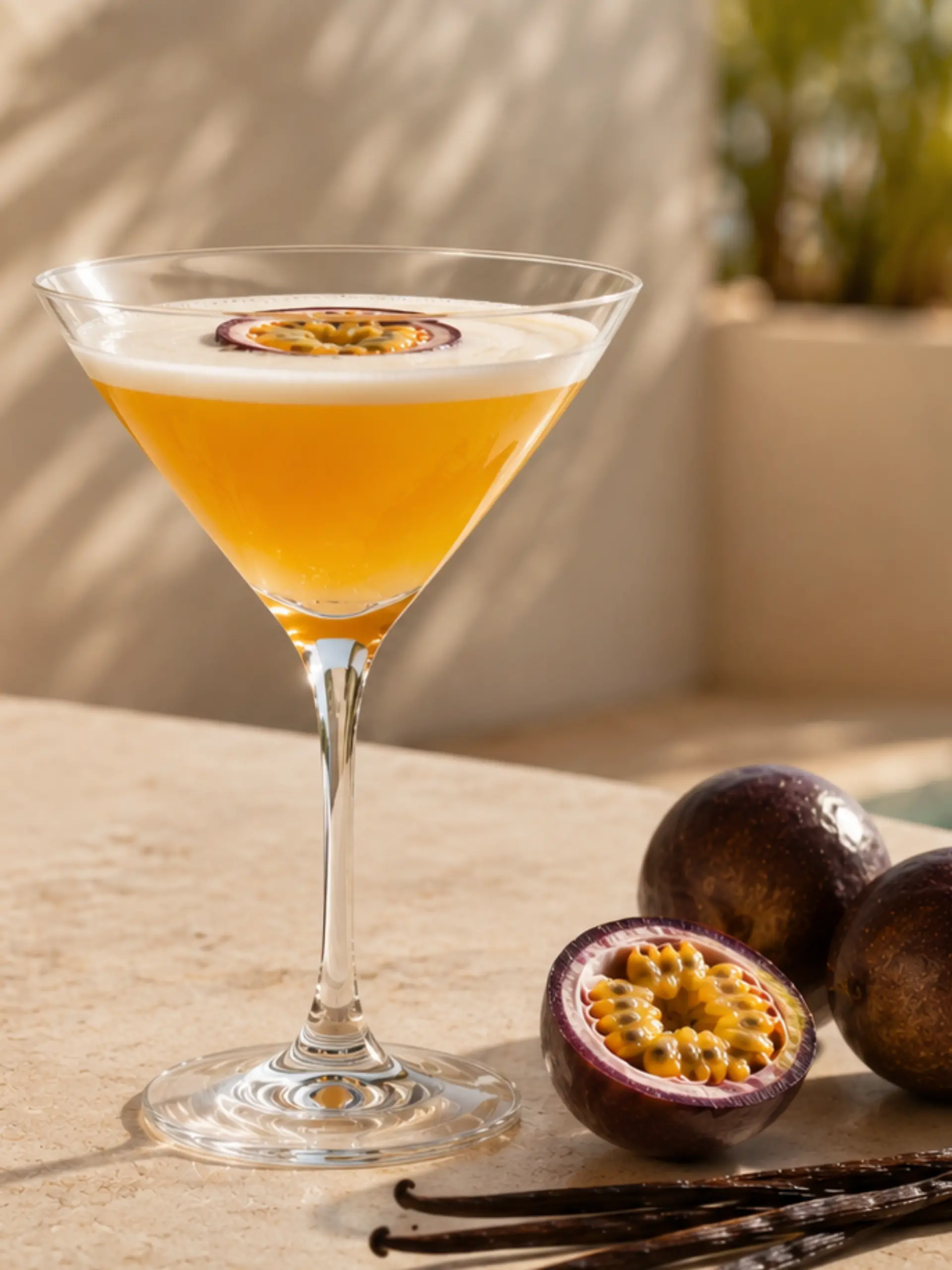 Auf einem Tisch steht ein parfumflakon, Pornstar Martini Cocktail, daneben Maracuja und Vanilleschoten.