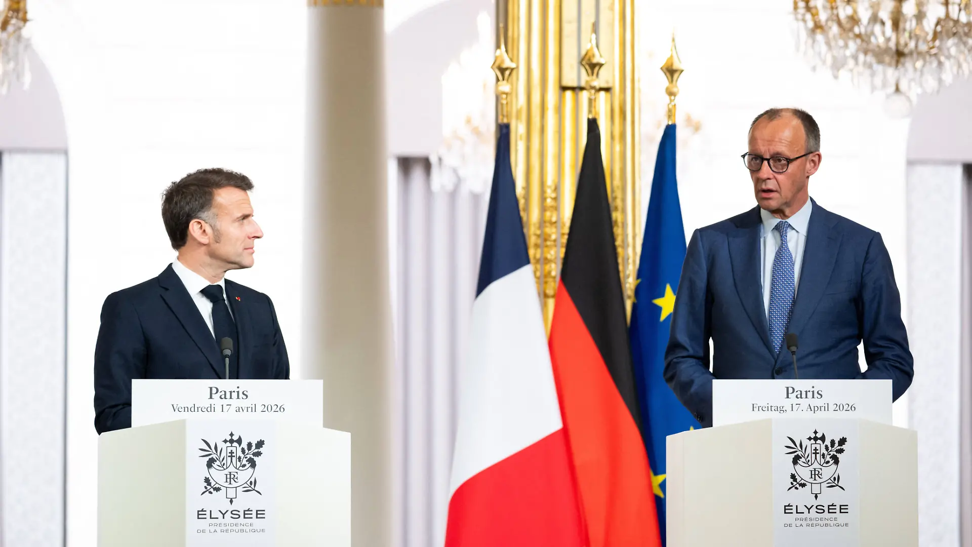 Italian Prime Minister British Prime Minister French President Emmanuel Macron and German Chancellor Friedrich Merz deliver a joint statement following an international summit on efforts to reopen the Strait of Hormuz at the Elysee Palace in Paris on April 17, 2026 The meeting comes as the two week ceasefire between the US and Iran is due to expire on April 22 Jeanne Accorsini Pool Bestimage Paris France PUBLICATIONxNOTxINxFRAxUKxUSAxAUSxBEL Copyright: xJeannexAccorsinix/xPoolx/xBestimagexJeannexAccorsinix/xPoolx/xBestimagex