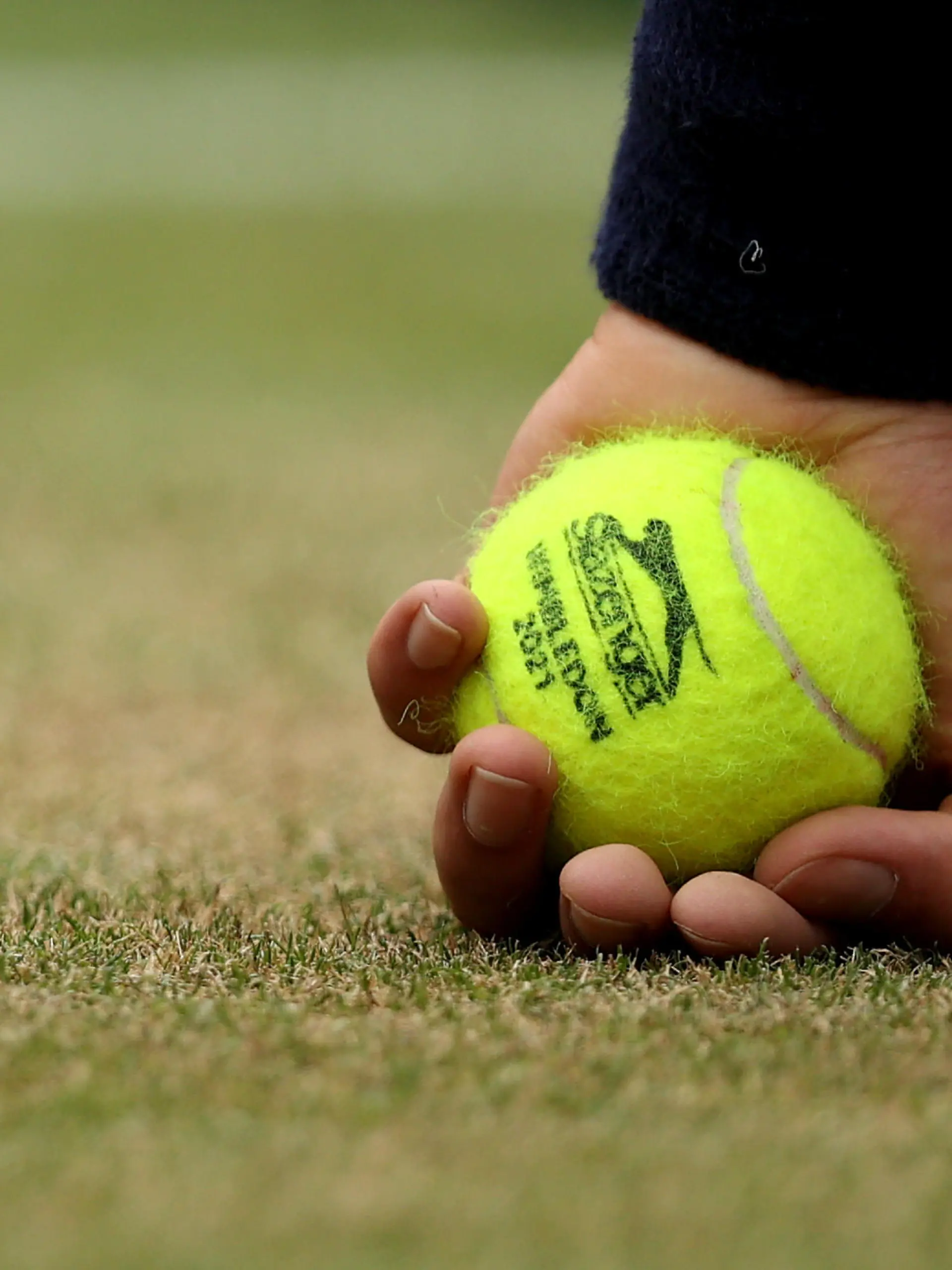 LONDON, ENGLAND - JULY 07: Detail view of a tennis ball held by a ball boy on Day Nine of The Championships - Wimbledon 2021 at All England Lawn Tennis and Croquet Club on July 07, 2021 in London, England. (Photo by Clive Brunskill/Getty Images)