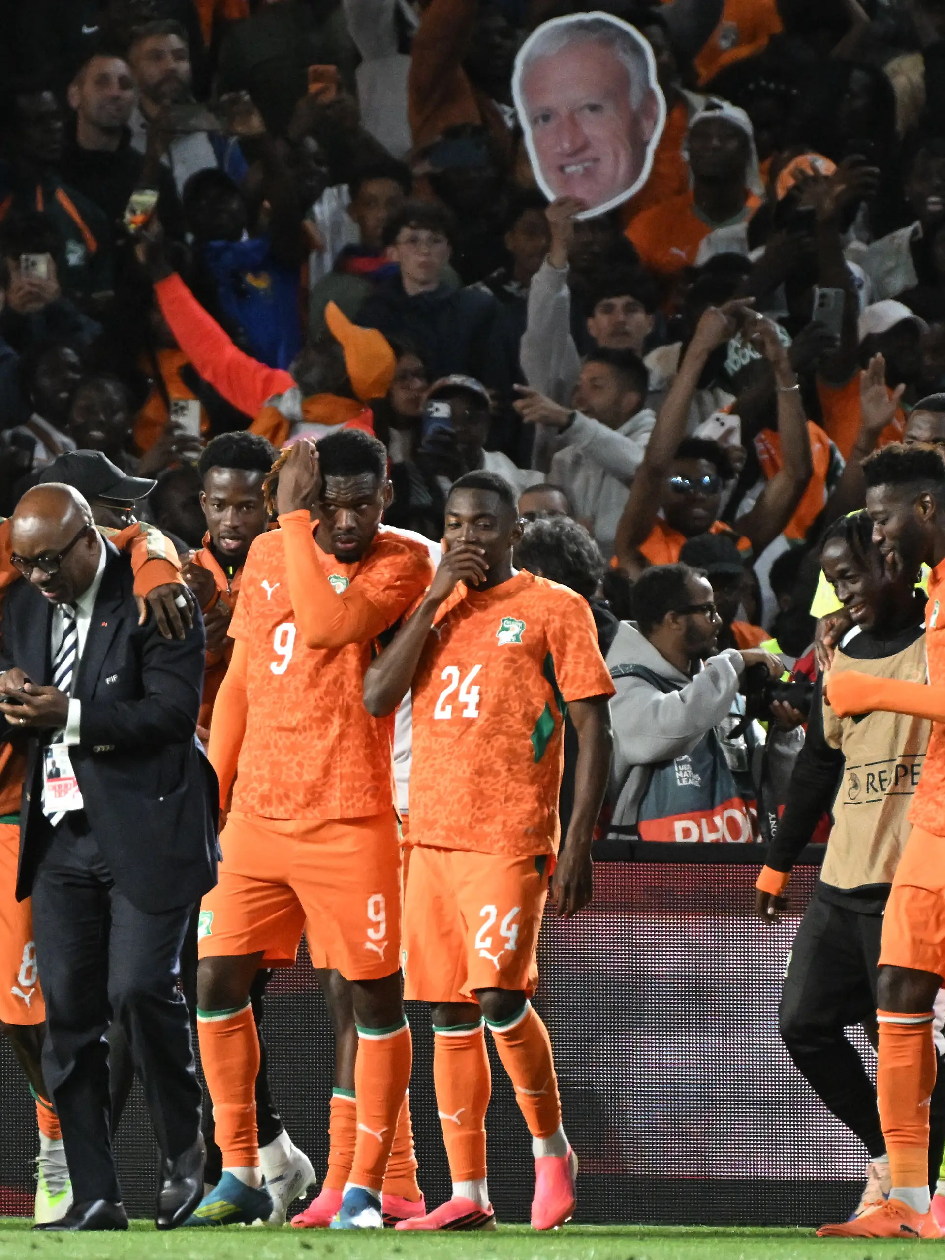 Ivorian players celebrates victory at the end of the friendly match in preparation for the World Cup 2026 between France and Ivory Coast, at La Beaujoire stadium, in Nantes, western France, on June 4, 2026. //SALOM-GOMIS_k065/Credit:Sebastien Salom-Gomis/SIPA/2606050224