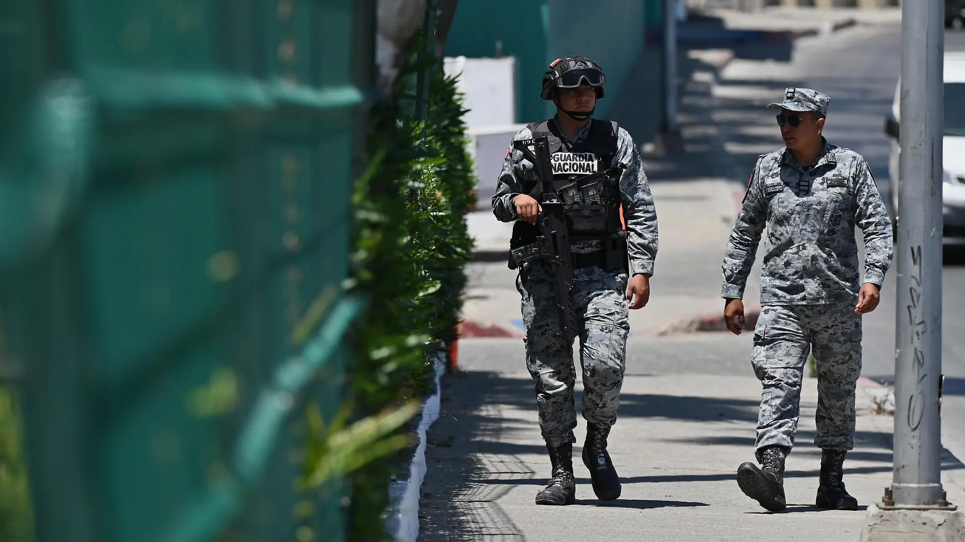 TIJUANA, MEXICO - JUNE 09: Mexican National Guard officers patrol outside the Marriott Tijuana Hotel on Tuesday, June 09, 2026 in Tijuana, Mexico, where Iran's National Team players are staying overnight while conducting their training sessions at the Caliente Football Stadium nearby before their game in Los Angeles, California for the FIFA 2026 World Cup football tournament. Carlos A. Moreno / Anadolu