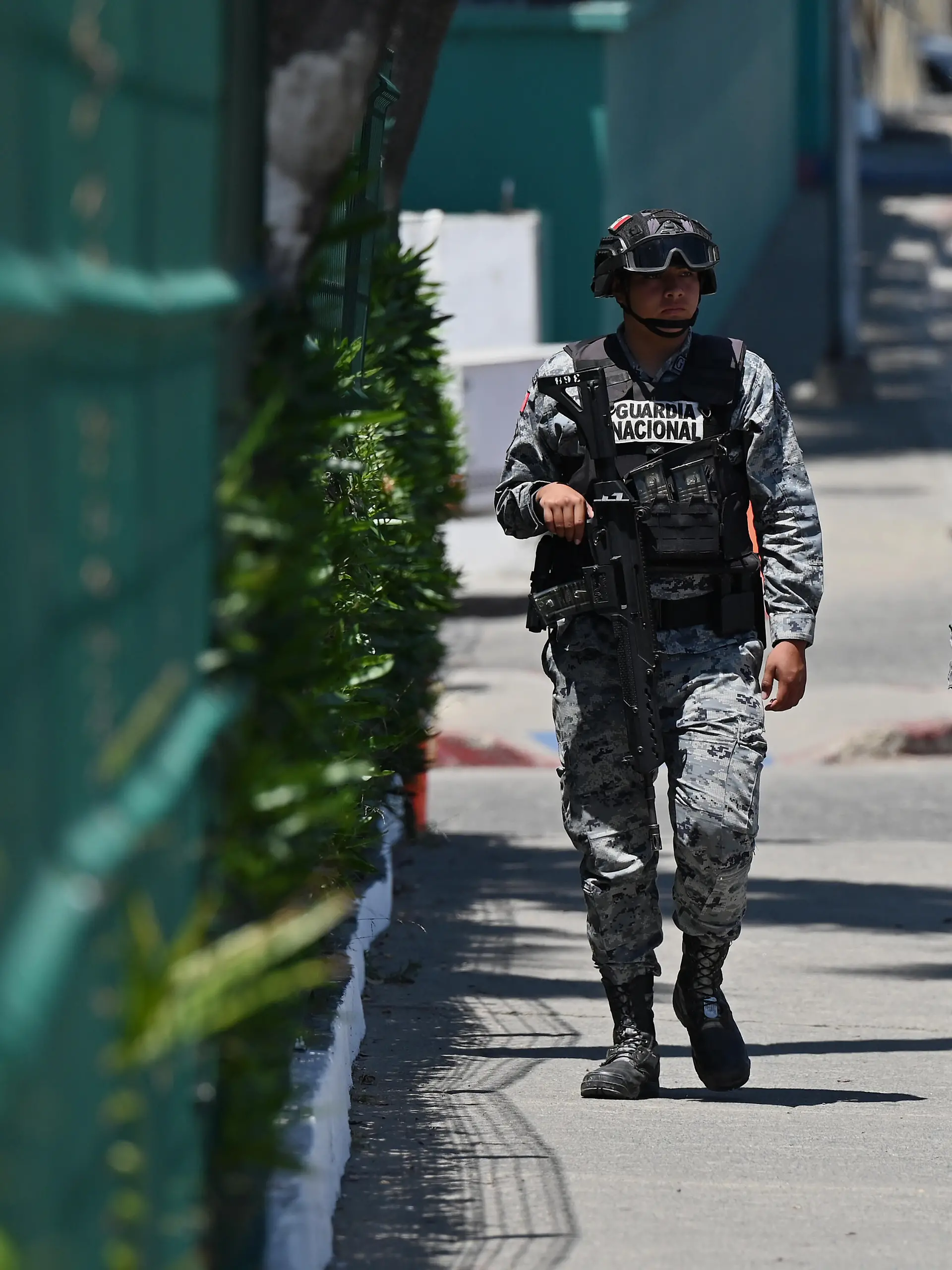 TIJUANA, MEXICO - JUNE 09: Mexican National Guard officers patrol outside the Marriott Tijuana Hotel on Tuesday, June 09, 2026 in Tijuana, Mexico, where Iran's National Team players are staying overnight while conducting their training sessions at the Caliente Football Stadium nearby before their game in Los Angeles, California for the FIFA 2026 World Cup football tournament. Carlos A. Moreno / Anadolu
