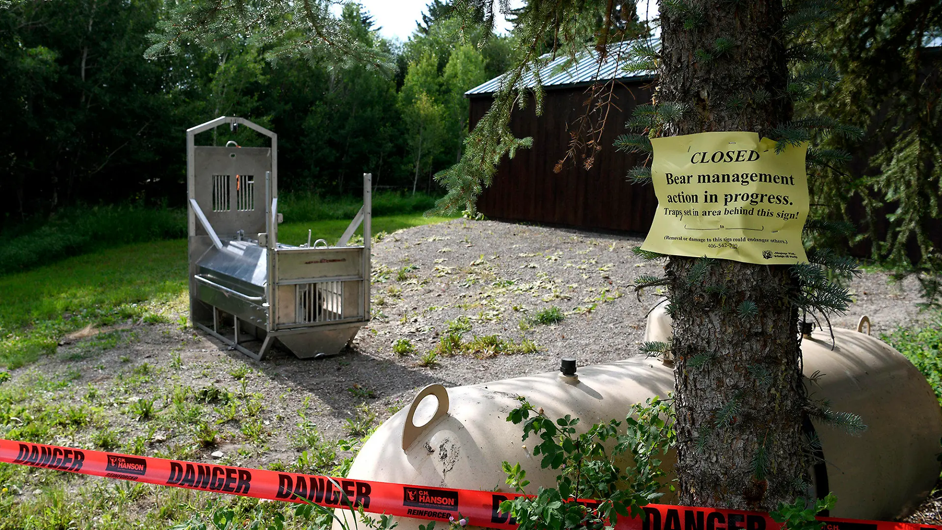 A bear trap set by Montana Fish, Wildlife and Parks sets Wednesday, July 7, 2021, in the camping area in Ovando, Mont., where bicycle tourist Leah Davis Lokan of Chico, California, was pulled out of her tent and killed by a grizzly bear early Tuesday. (Tom Bauer/Missoulian via AP)