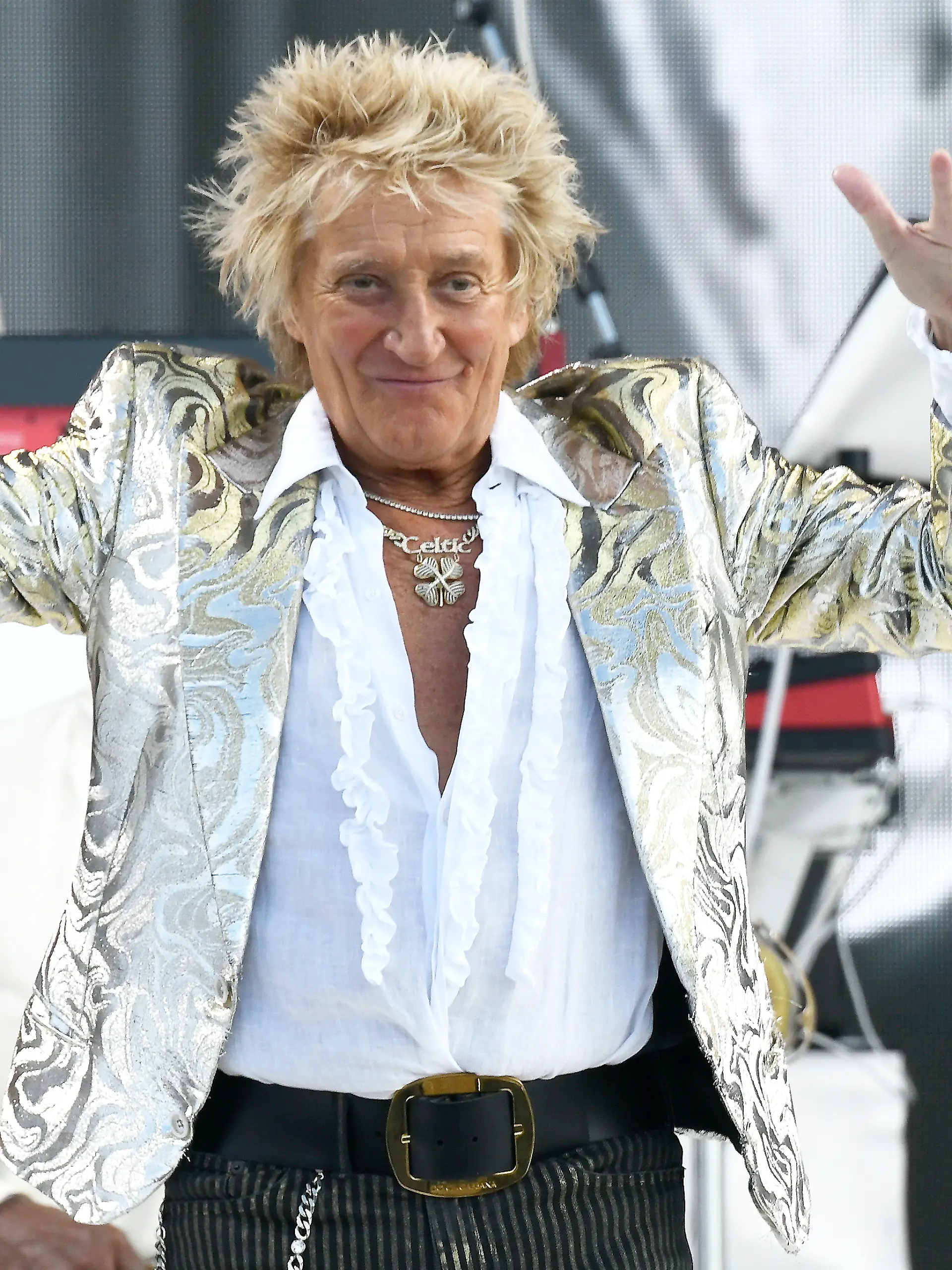 NEW ORLEANS, LOUISIANA - APRIL 26: Rod Stewart performs during the 55th Annual New Orleans Jazz & Heritage Festiva at Fair Grounds Race Course on April 26, 2026 in New Orleans, Louisiana. (Photo by Tim Mosenfelder/WireImage)