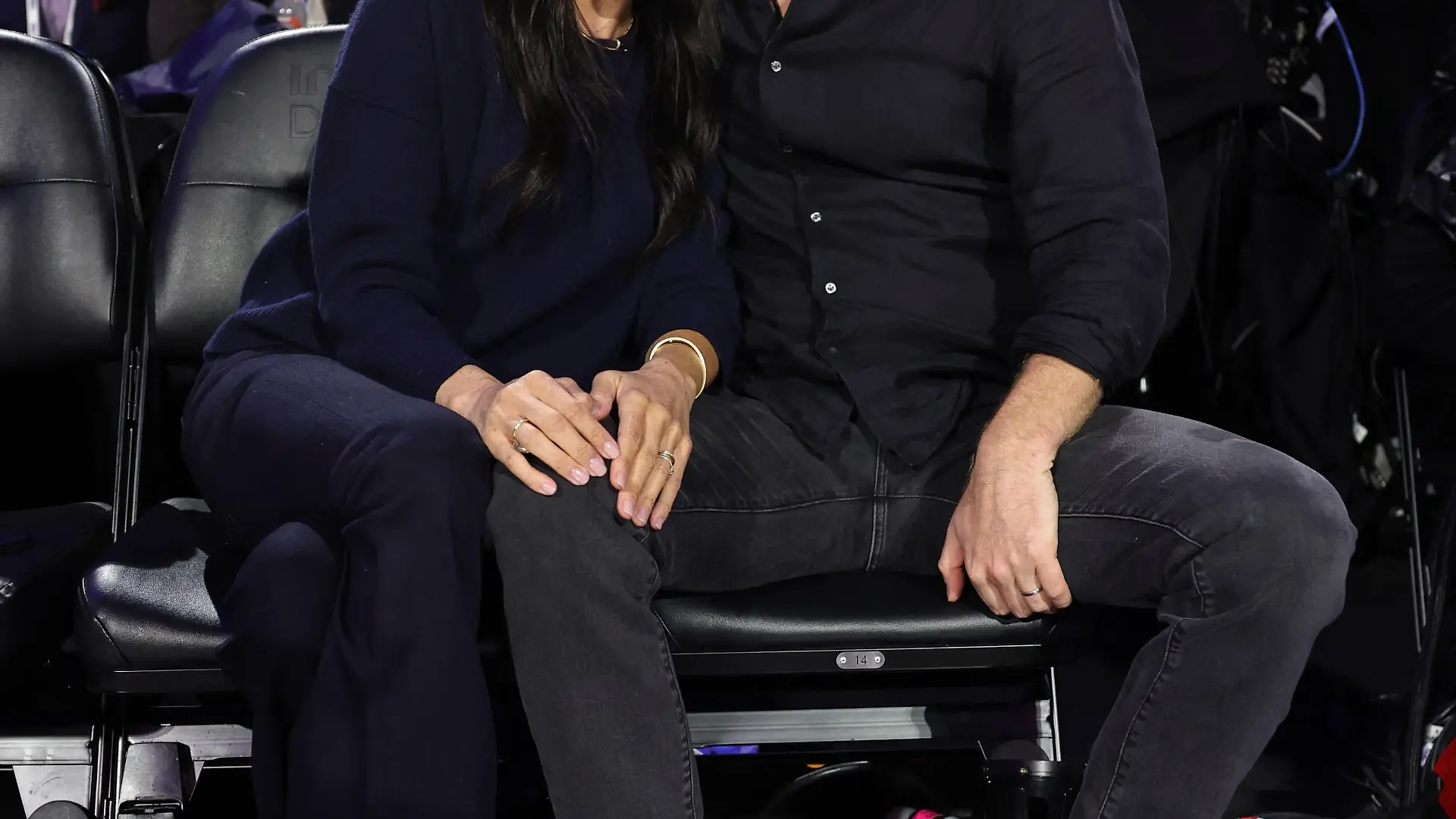 LOS ANGELES, CA - FEBRUARY 15: Meghan Markle, Duchess of Sussex and Prince Harry, Duke of Sussex poses for a picture during the 75th NBA All-Star Game as part of the 2026 NBA All-Star Weekend on February 15, 2026 at Intuit Dome in Inglewood, California. NOTE TO USER: User expressly acknowledges and agrees that, by downloading and/or using this photograph, user is consenting to the terms and conditions of the Getty Images License Agreement. Mandatory Copyright Notice: Copyright 2026 NBAE   Jim Poorten/NBAE via Getty Images/AFP (Photo by Jim Poorten / NBAE / Getty Images / Getty Images via AFP)