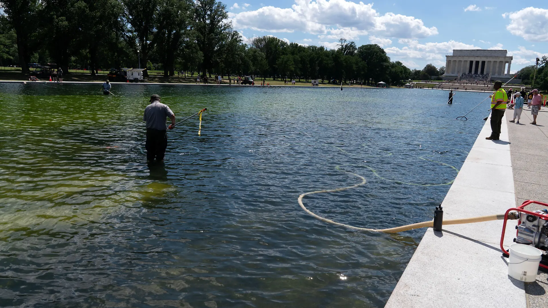Members of the National Park Service uses a vacuum like device to remove algae from the Lincoln Memorial Reflecting Pool, on the National Mall Friday, June 19, 2026, in Washington. (AP Photo/Jose Luis Magana)