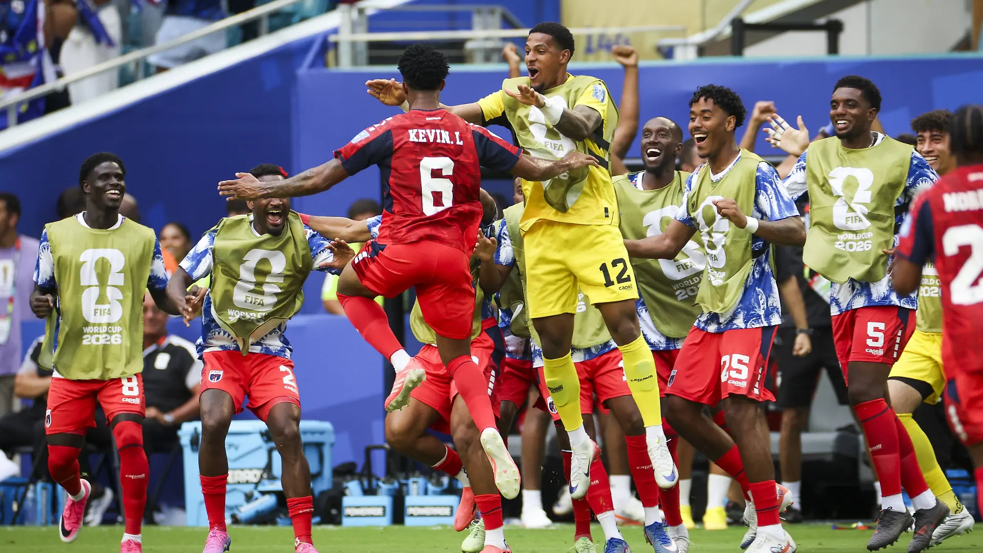 June 21, 2026, Miami Gardens, Florida, USA: Cape Verde midfielder Kevin Pina 6 celebrates his first half goal with teammates after scoring against Uruguay in their World Cup match Sunday, June 21, 2026 in Miami Gardens. Miami Gardens USA - ZUMAs70_ 0859680563st Copyright: xChrisxUrsox