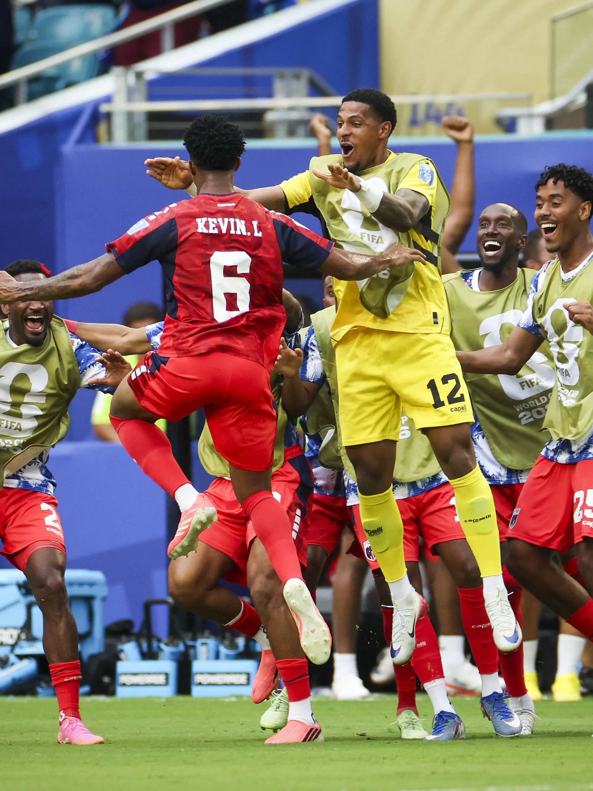 June 21, 2026, Miami Gardens, Florida, USA: Cape Verde midfielder Kevin Pina 6 celebrates his first half goal with teammates after scoring against Uruguay in their World Cup match Sunday, June 21, 2026 in Miami Gardens. Miami Gardens USA - ZUMAs70_ 0859680563st Copyright: xChrisxUrsox
